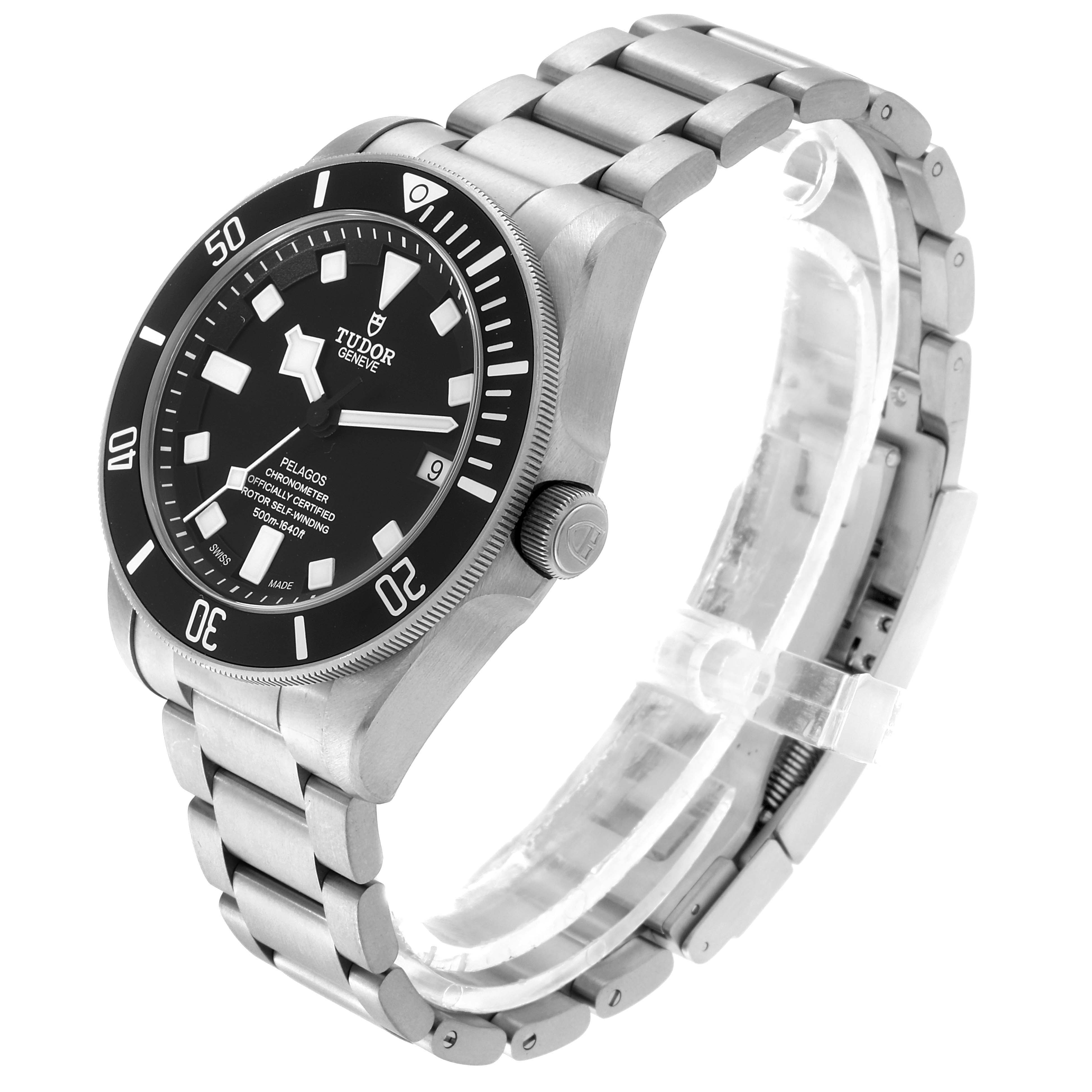 The image shows a side view of the Tudor Pelagos 25500TN Men's Titanium Black Dial 25500TN Men's Titanium Black Dial watch, highlighting its face, bezel, crown, and bracelet.