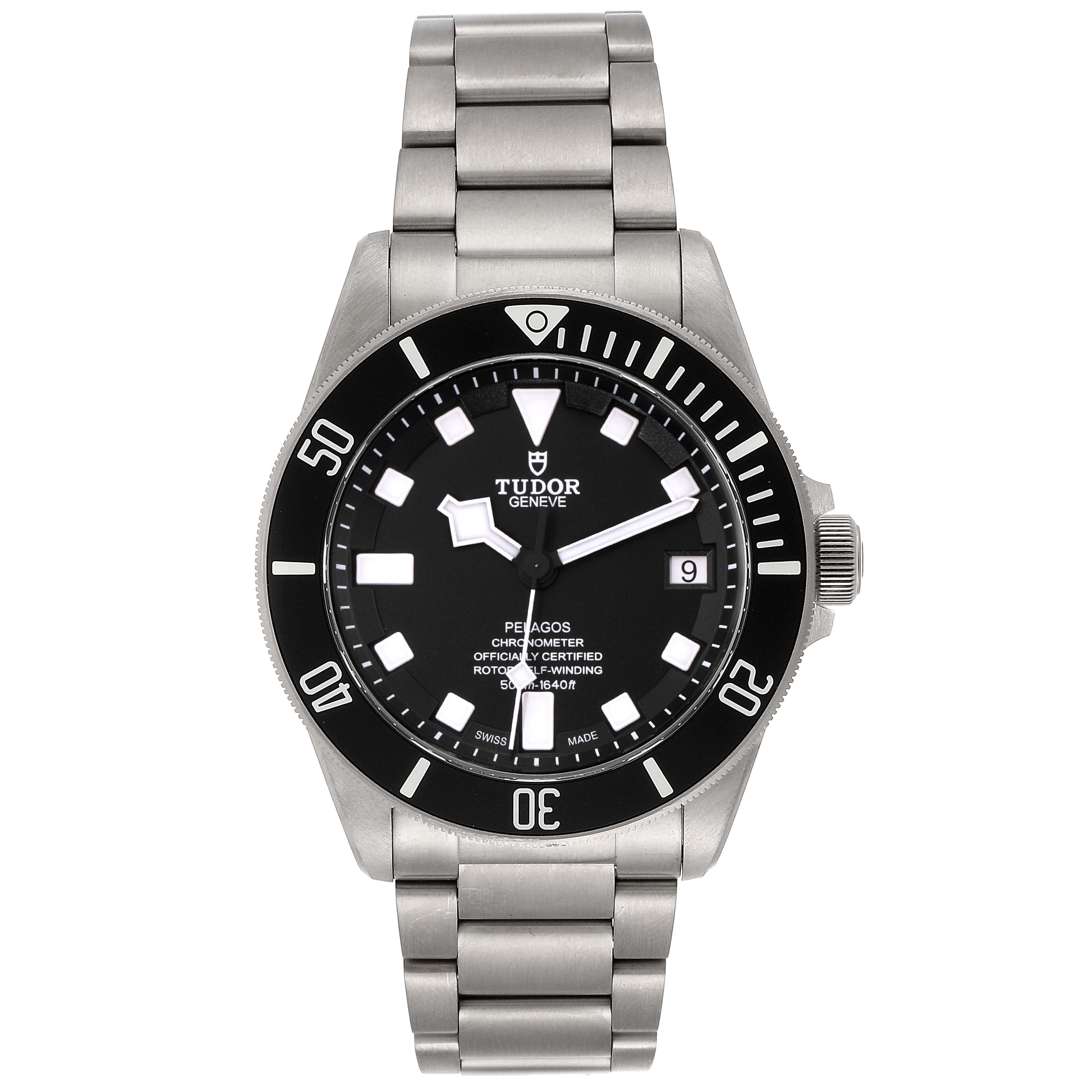 The image shows a front view of a Tudor Pelagos 25500TN Men's Titanium Black Dial 25500TN Men's Titanium Black Dial watch, displaying its dial, bezel, case, and bracelet.
