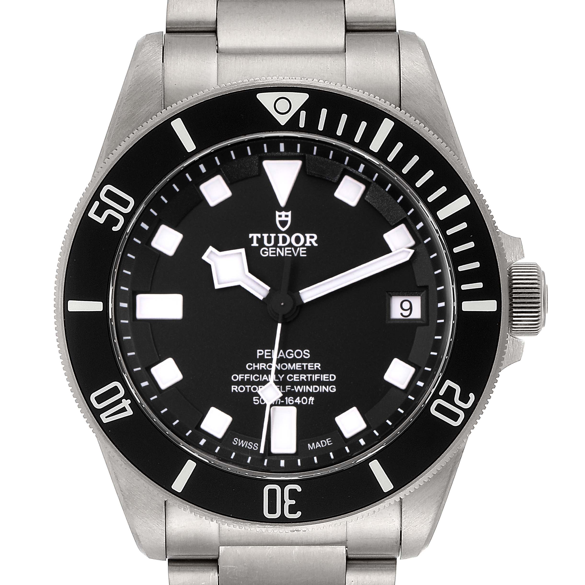 The image shows a front view of the Tudor Pelagos 25500TN Men's Titanium Black Dial 25500TN Men's Titanium Black Dial watch, highlighting the dial, bezel, crown, and part of the bracelet.