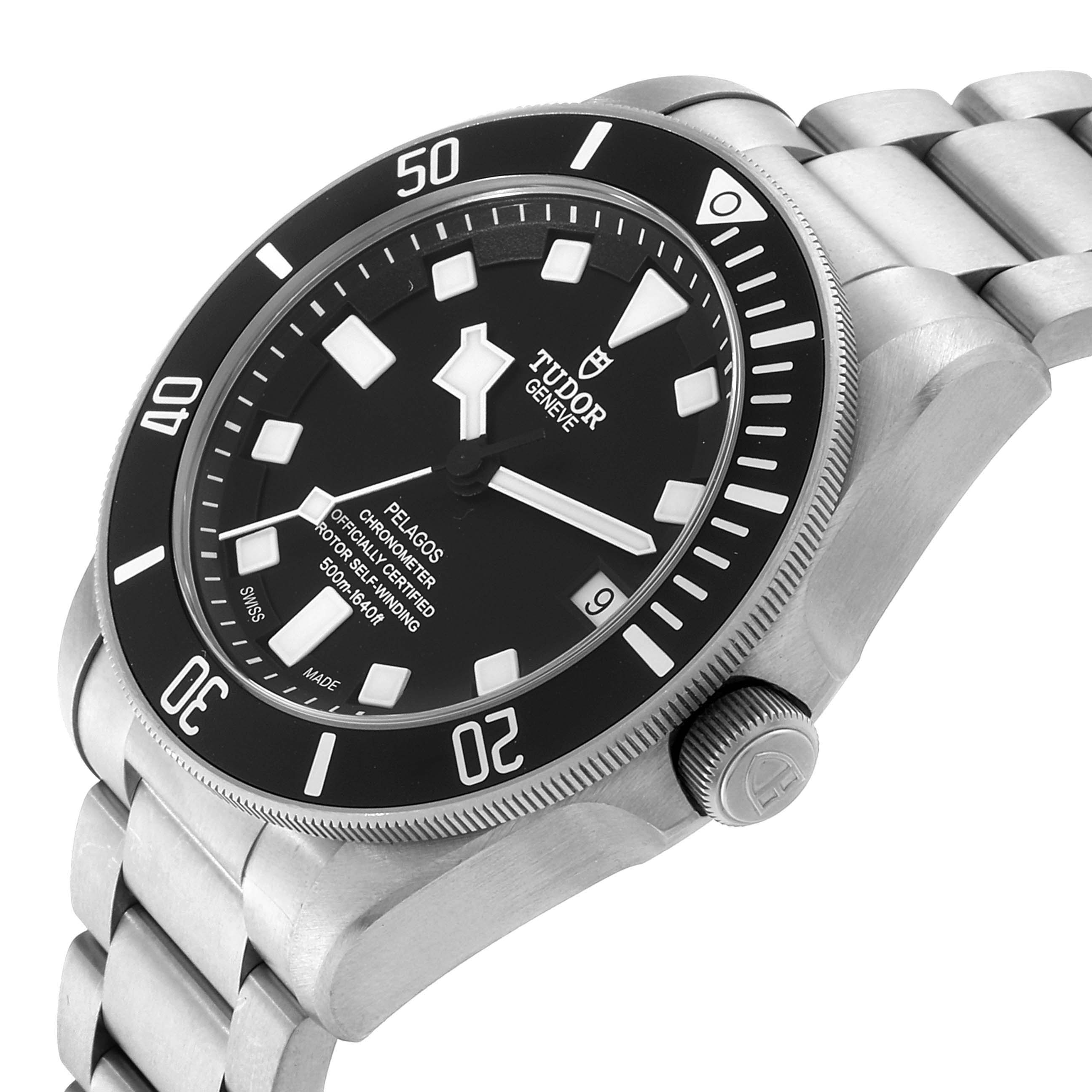 The image shows a Tudor Pelagos 25500TN Men's Titanium Black Dial 25500TN Men's Titanium Black Dial watch from an angled side view, highlighting the dial, bezel, crown, and stainless steel bracelet.