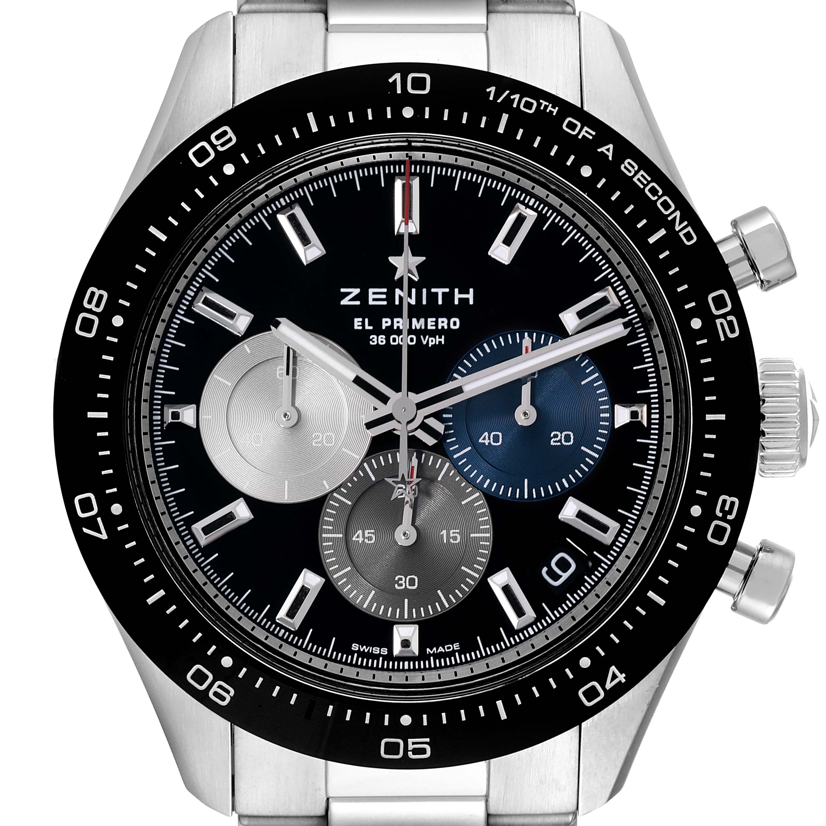 The image shows a frontal view of the Zenith Chronomaster 03.3100.3600/21.M3100 Men's Stainless Steel Black Dial 03.3100.3600/21.M3100 Men's Stainless Steel Black Dial watch, displaying the dial, chronograph subdials, and bezel.