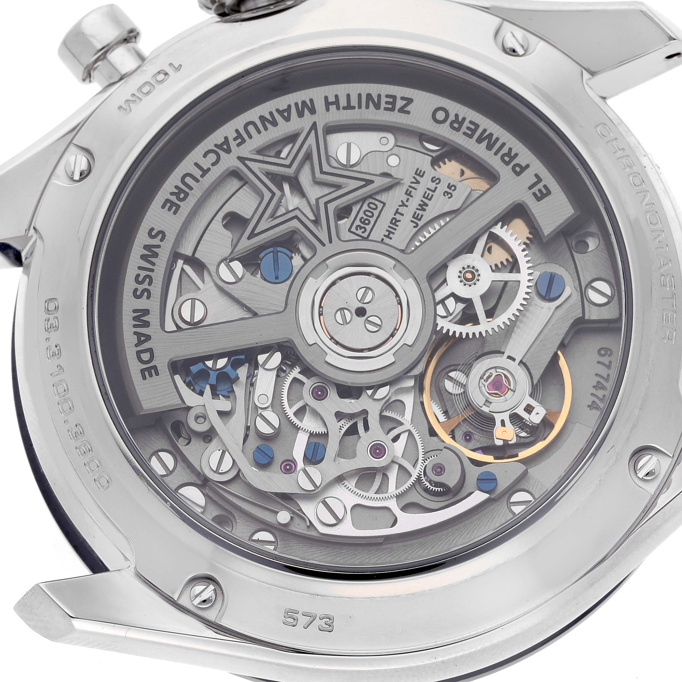 The image shows the back view of the Zenith Chronomaster 03.3100.3600/21.M3100 Men's Stainless Steel Black Dial 03.3100.3600/21.M3100 Men's Stainless Steel Black Dial watch, revealing its intricate mechanical movement.