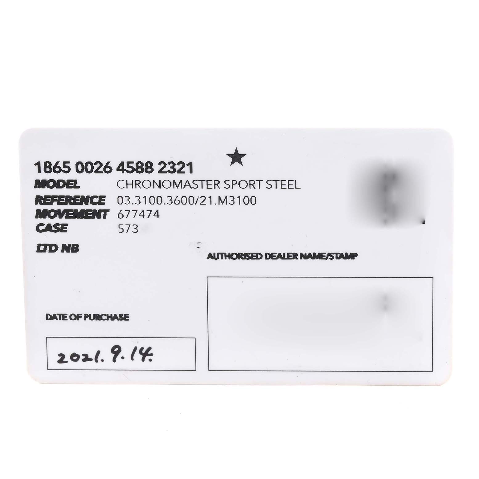 This image shows a Zenith Chronomaster 03.3100.3600/21.M3100 Men's Stainless Steel Black Dial 03.3100.3600/21.M3100 Men's Stainless Steel Black Dial Sport Steel warranty card with details such as model, reference, movement, and date of purchase.