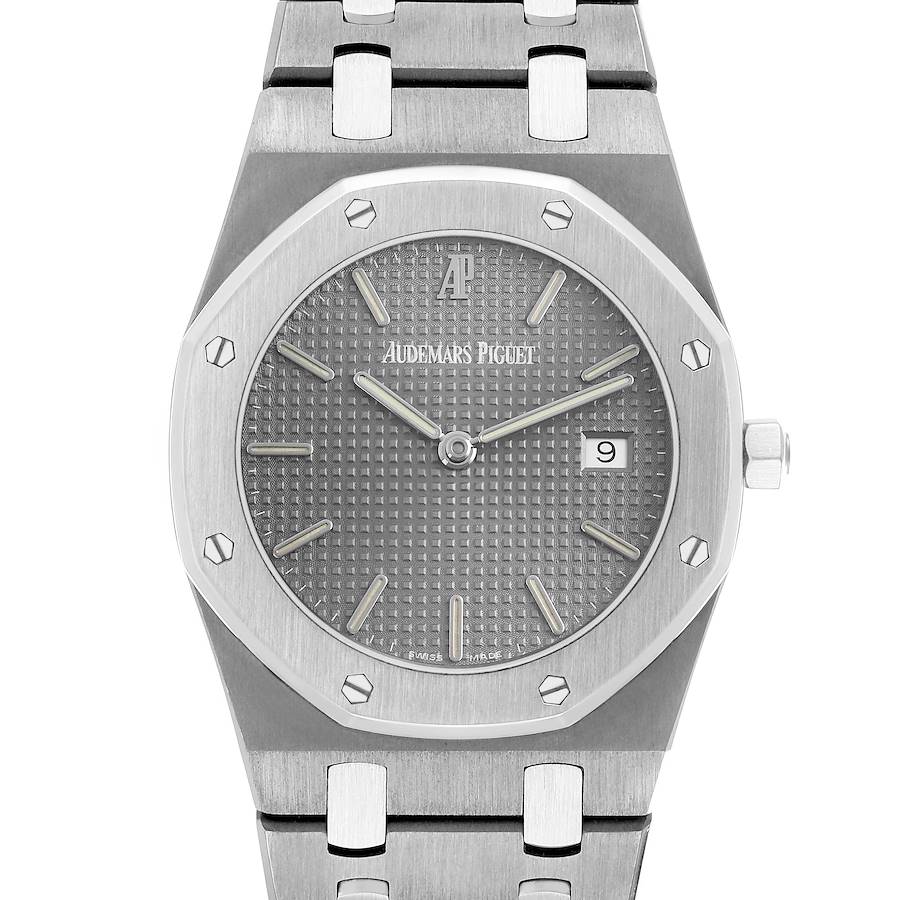 The Audemars Piguet Royal Oak 56175TT Men's Stainless Steel Grey Dial watch is shown from the front, highlighting the octagonal bezel, dial, and part of the bracelet.