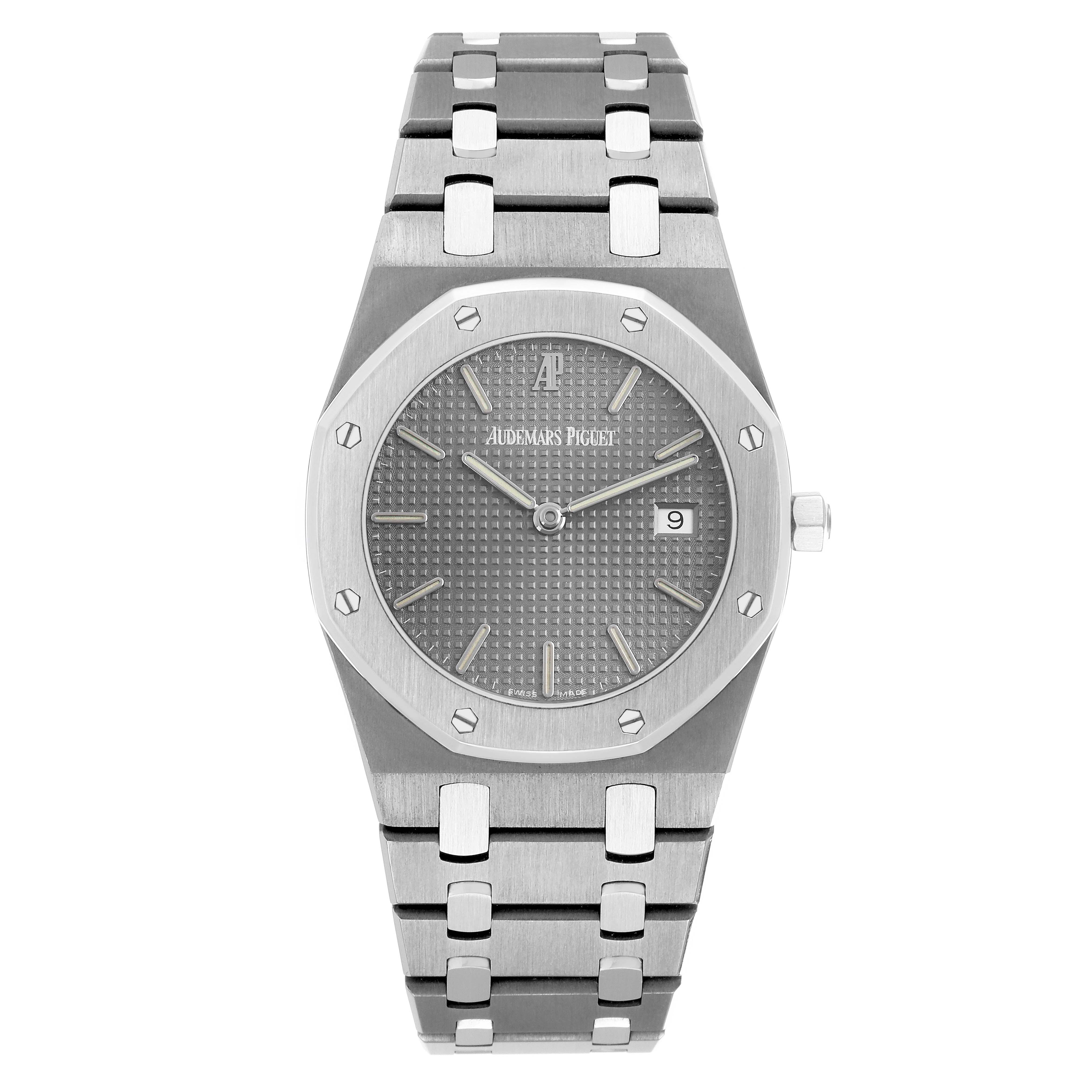 The Audemars Piguet Royal Oak 56175TT Men
s Stainless Steel Grey Dial watch is shown from the front, displaying its face, bezel, and bracelet.