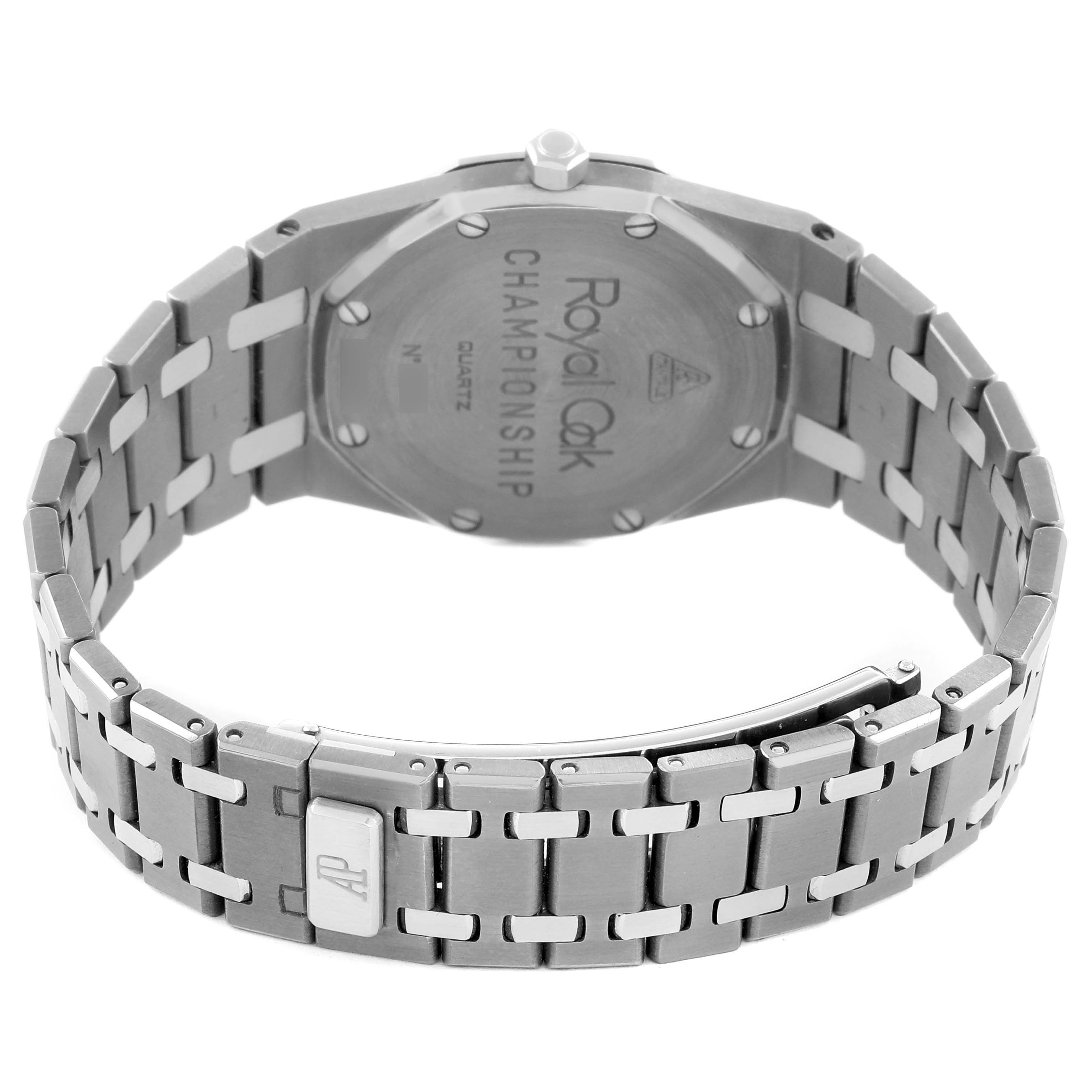 The image shows the back and bracelet of an Audemars Piguet Royal Oak 56175TT Men
s Stainless Steel Grey Dial, highlighting the case back and clasp.