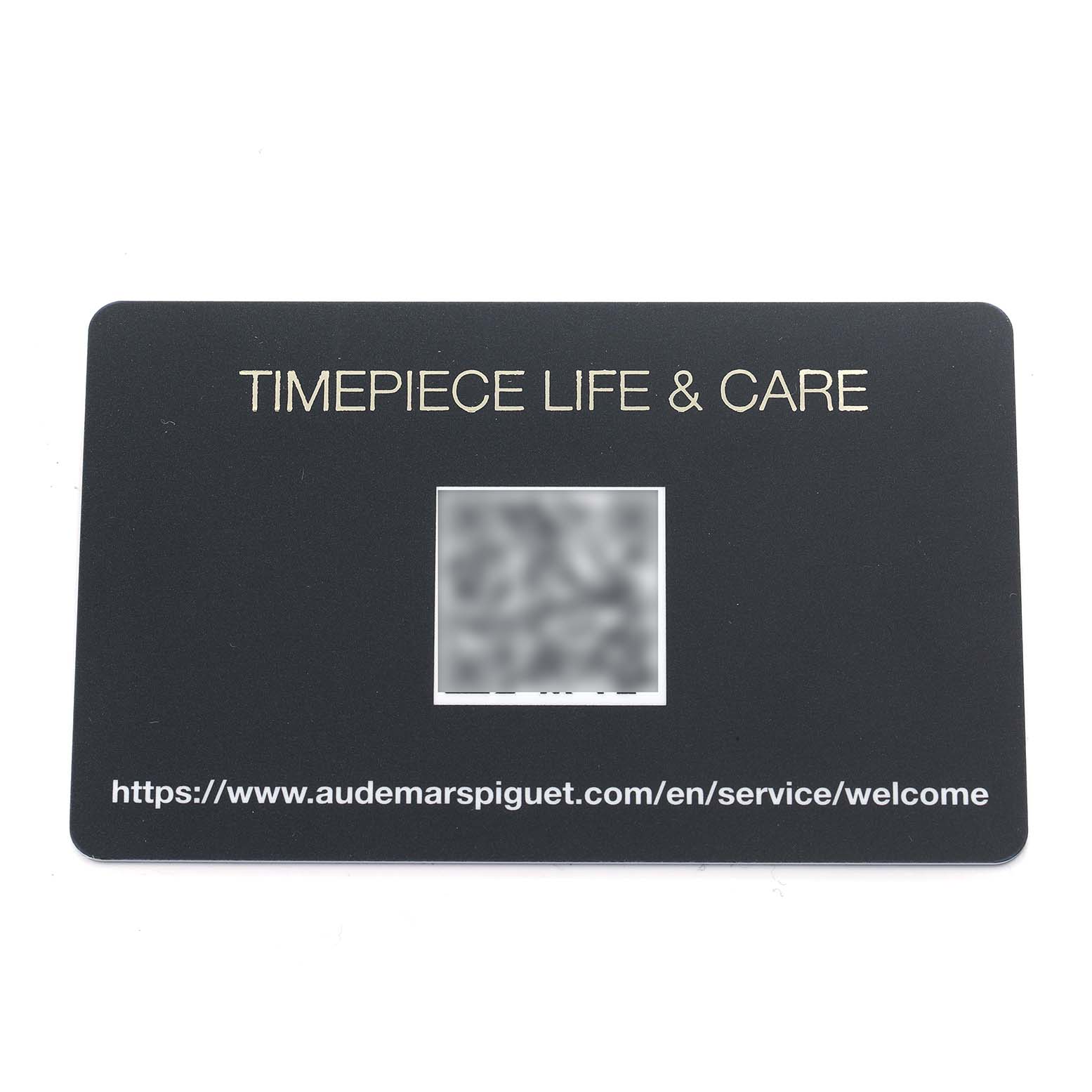 This image shows an Audemars Piguet Royal Oak 56175TT Men
s Stainless Steel Grey Dial "Timepiece Life 
Care" card with a URL at the bottom.