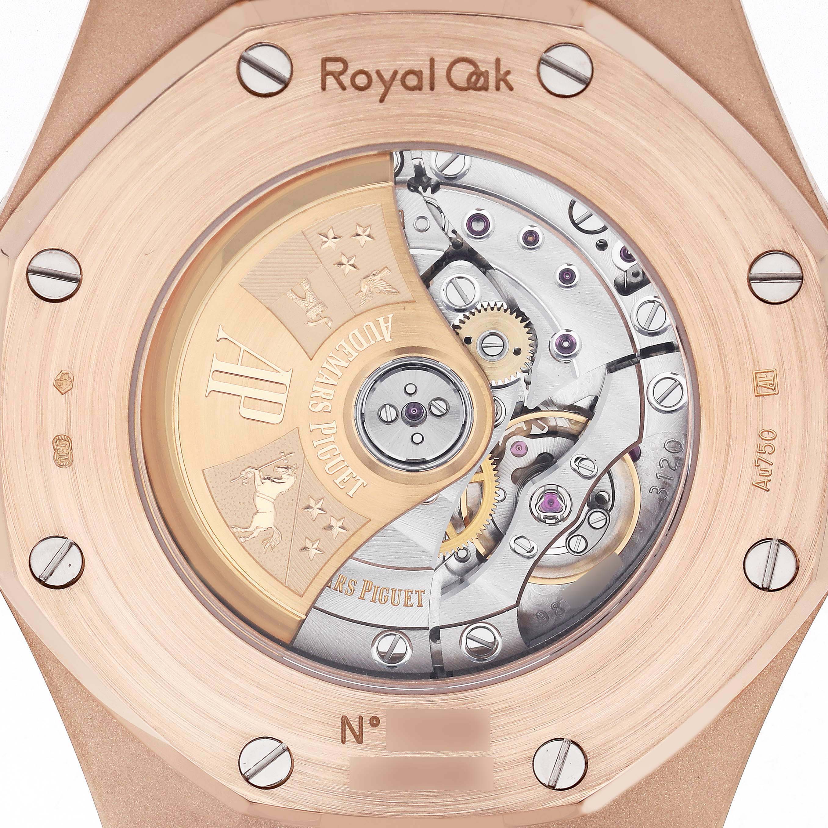 The image shows the case back of the Audemars Piguet Royal Oak 15400OR Men
s Rose Gold Black Dial, highlighting its rotor and internal mechanical components.