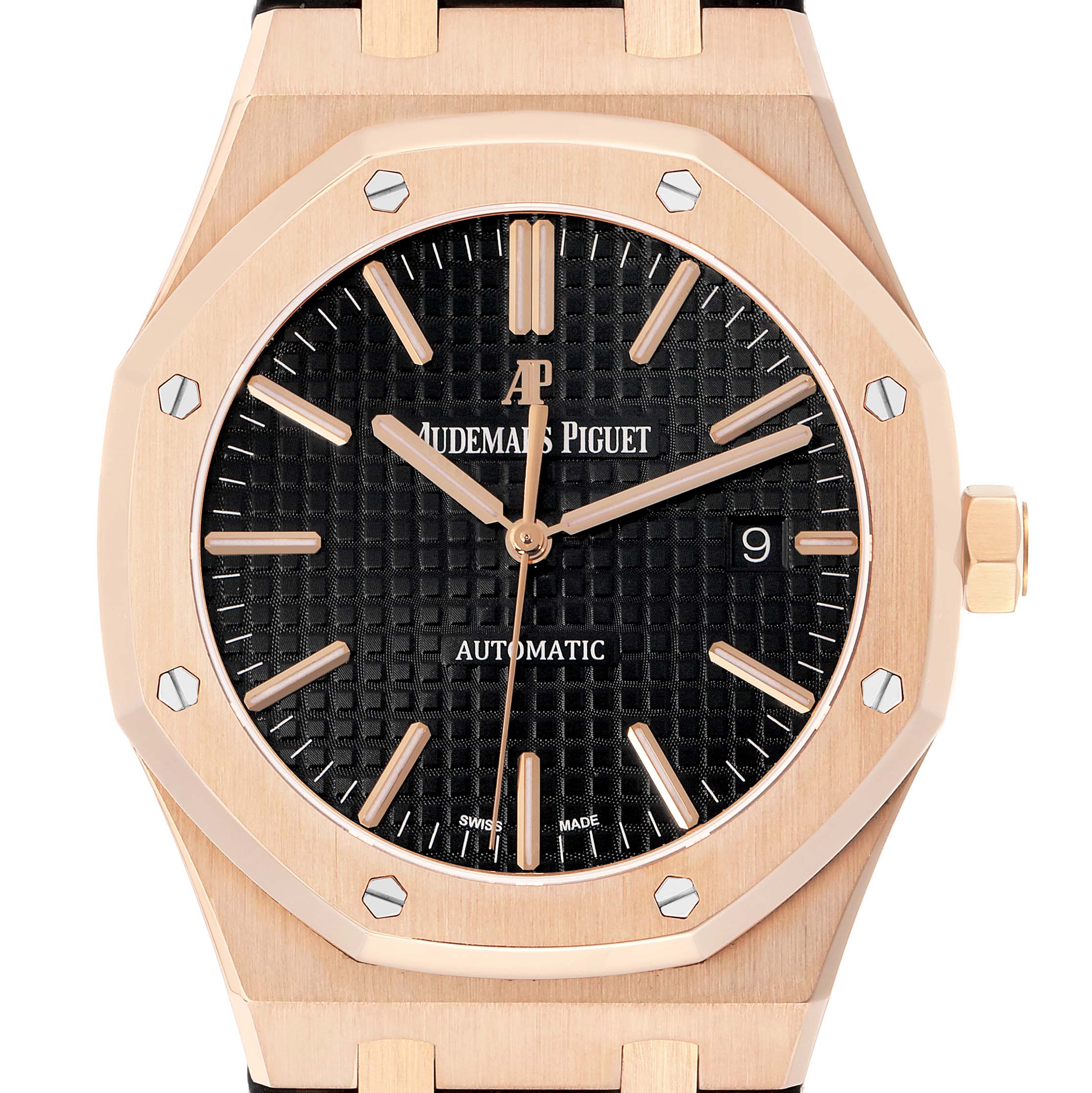 The Audemars Piguet Royal Oak 15400OR Men
s Rose Gold Black Dial watch is shown from a front view, highlighting the dial, bezel, and crown.