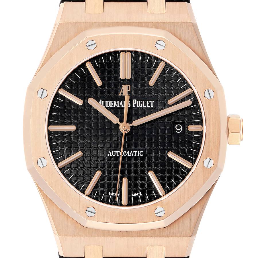 The Audemars Piguet Royal Oak 15400OR Men's Rose Gold Black Dial watch is shown from a front view, highlighting the dial, bezel, and crown.