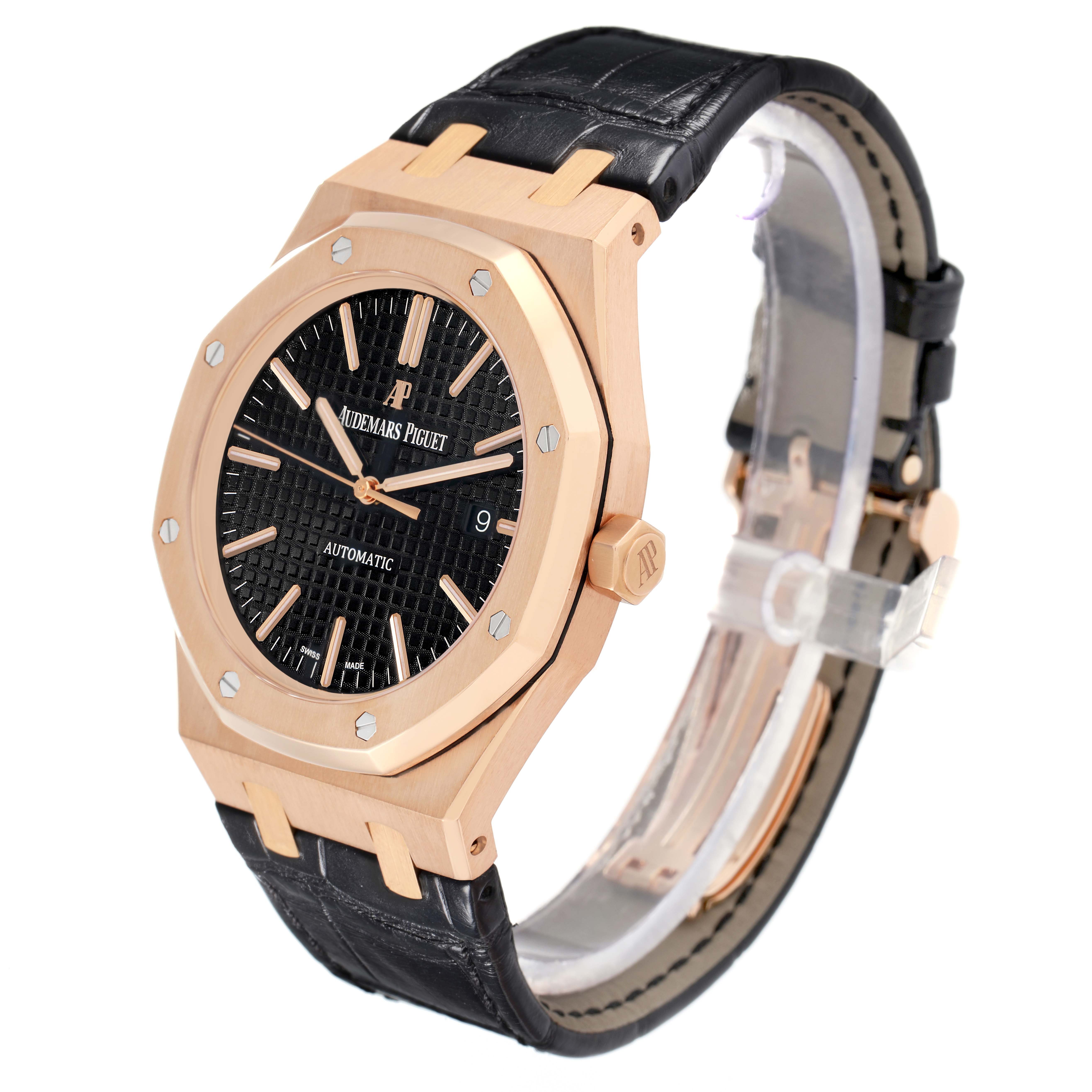 The Audemars Piguet Royal Oak 15400OR Men
s Rose Gold Black Dial watch is shown at a slight angle displaying the face, crown, and leather strap.