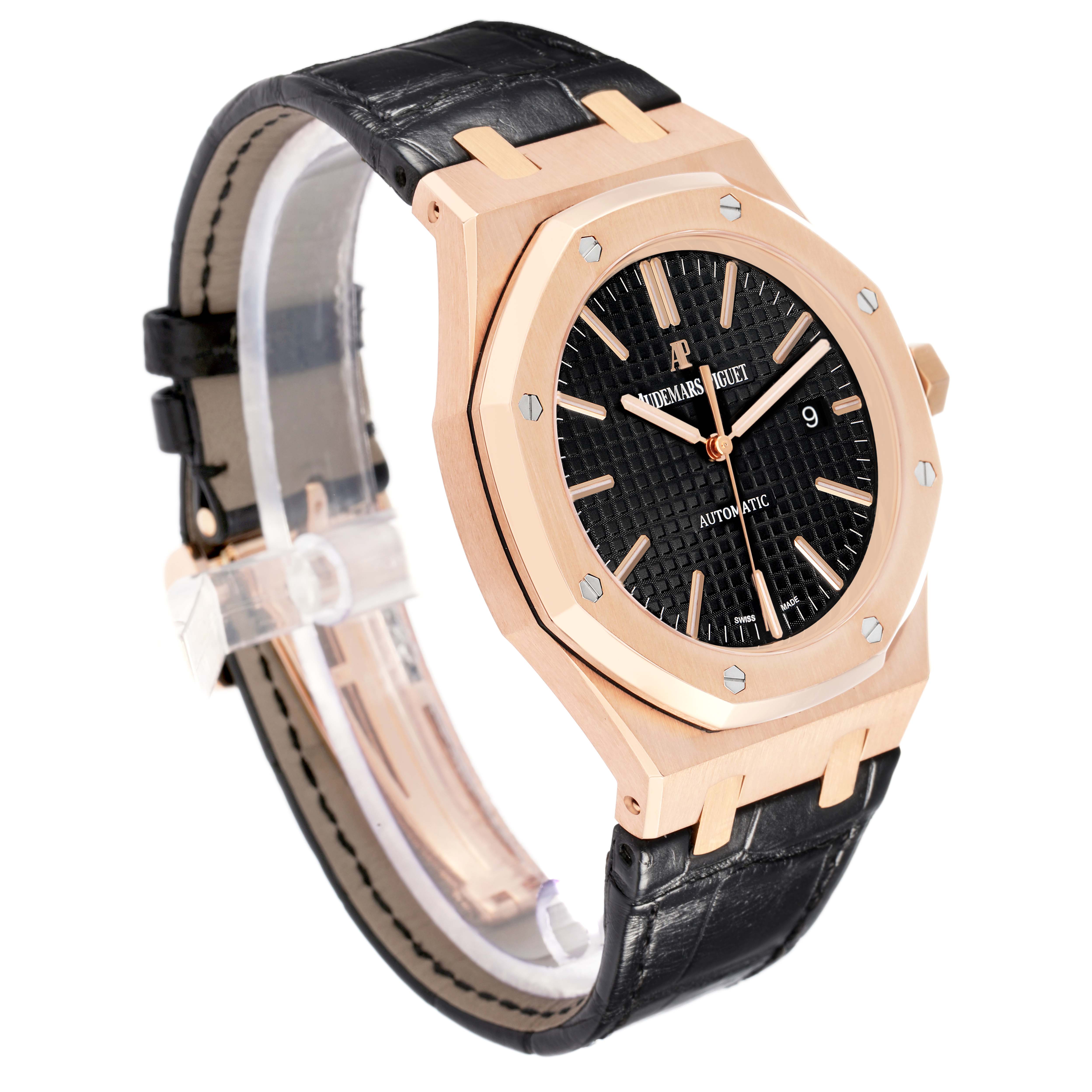 The Audemars Piguet Royal Oak 15400OR Men
s Rose Gold Black Dial watch is shown at a three-quarter angle, displaying the bezel, dial, hands, and part of the strap.