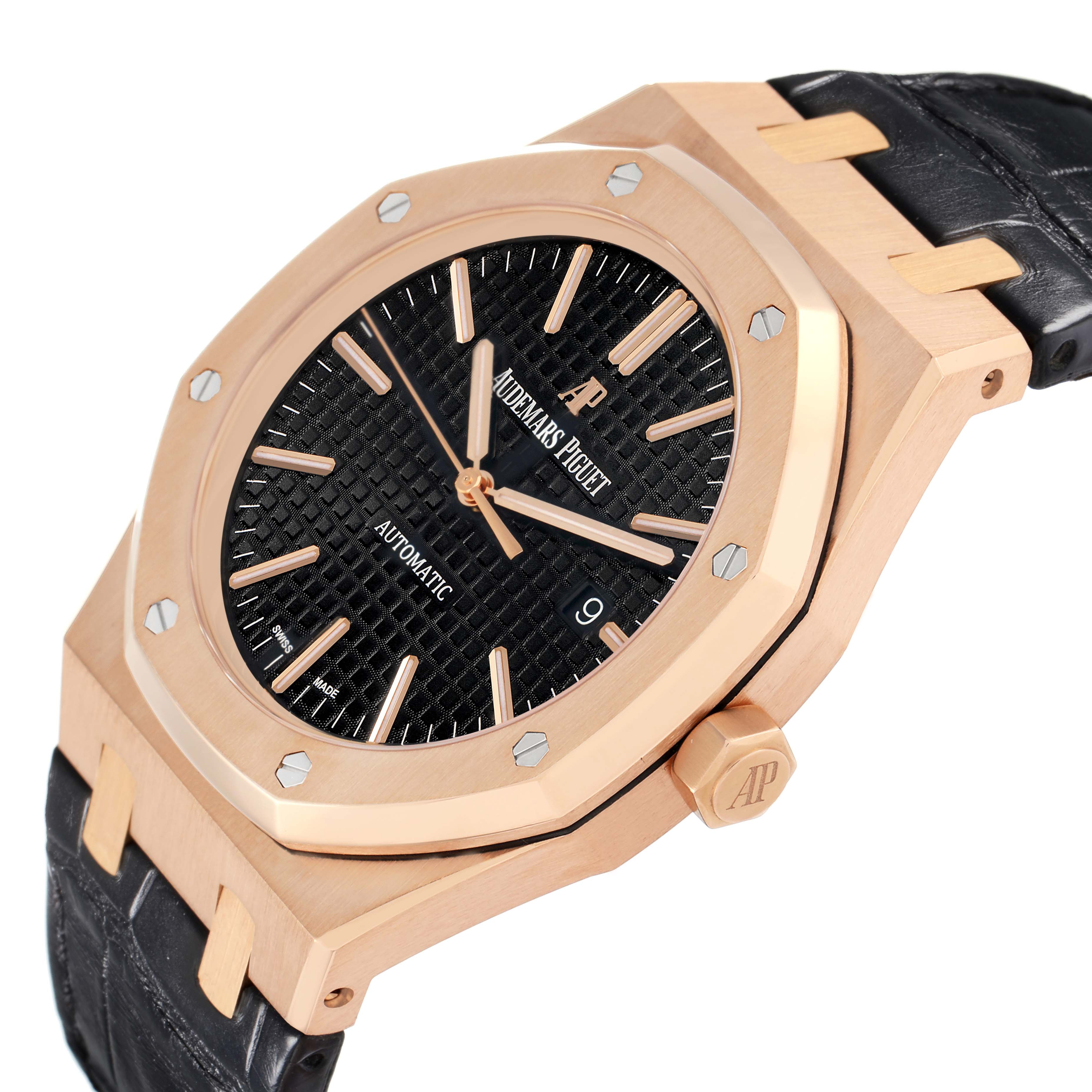 The Audemars Piguet Royal Oak 15400OR Men
s Rose Gold Black Dial watch is shown at an angle highlighting its octagonal bezel, black patterned dial, and leather strap.