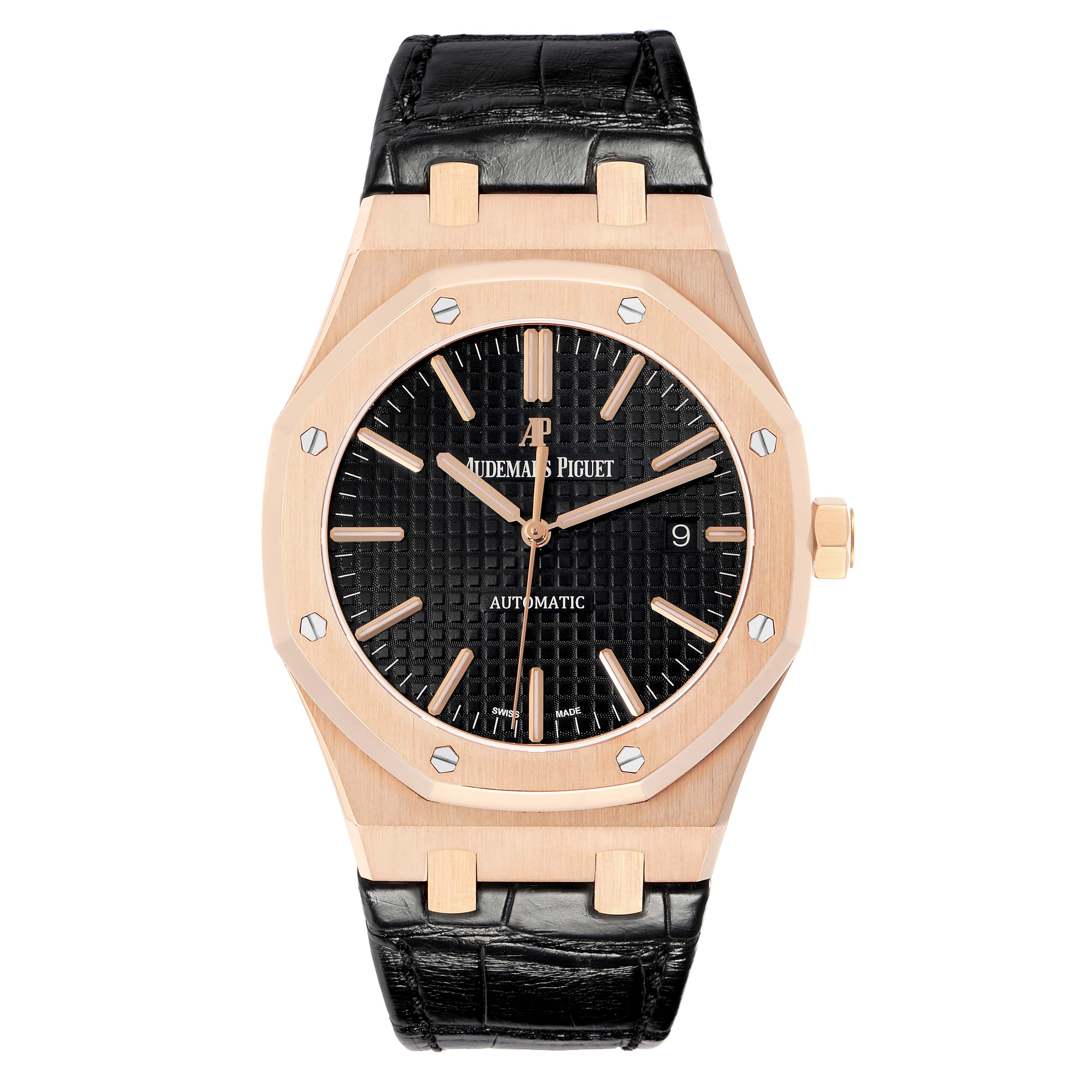 The Audemars Piguet Royal Oak 15400OR Men
s Rose Gold Black Dial watch is shown from a front angle, displaying the dial, case, bezel, strap, and crown.