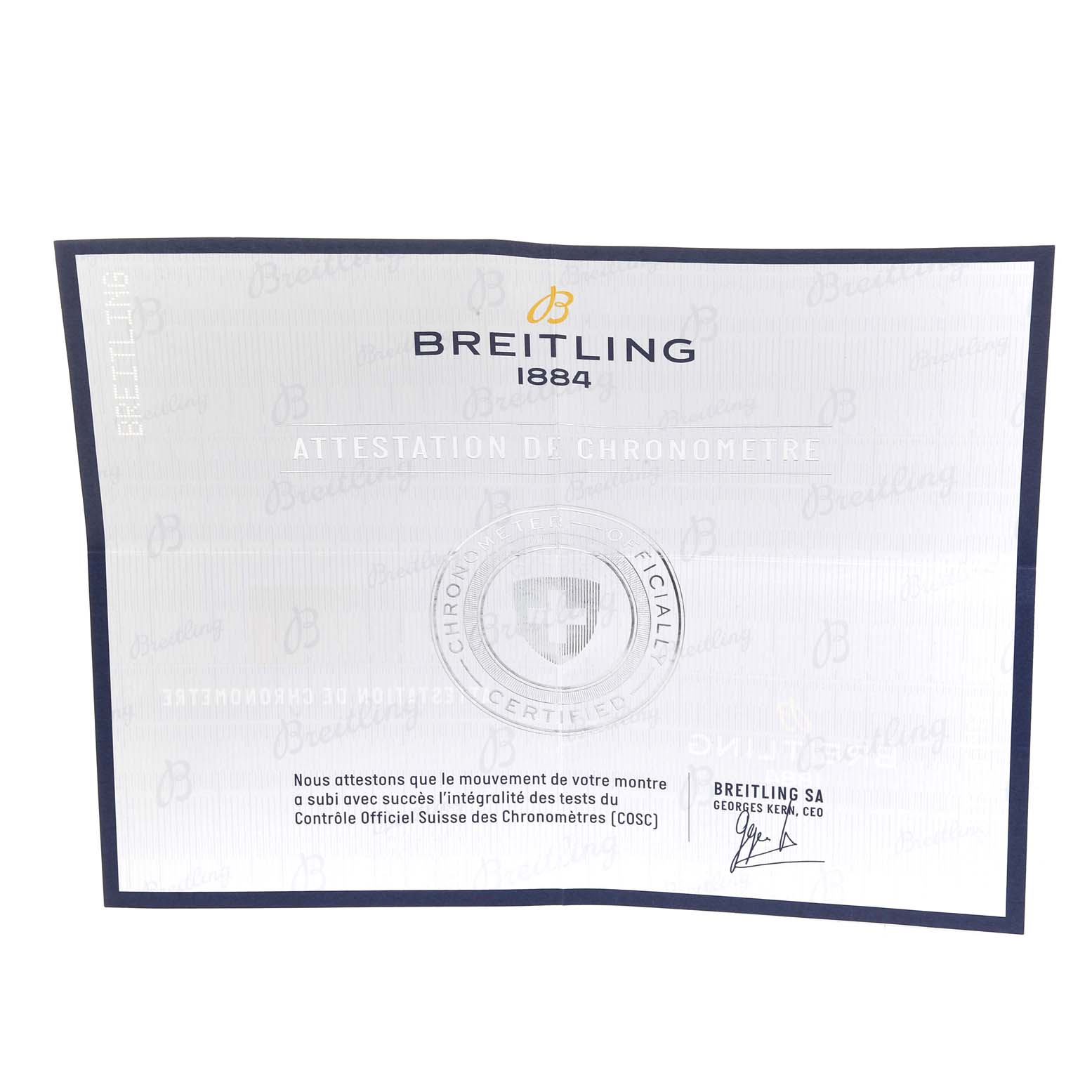 This is an official chronometer certificate for the Breitling Navitimer watch, showing text and logos.