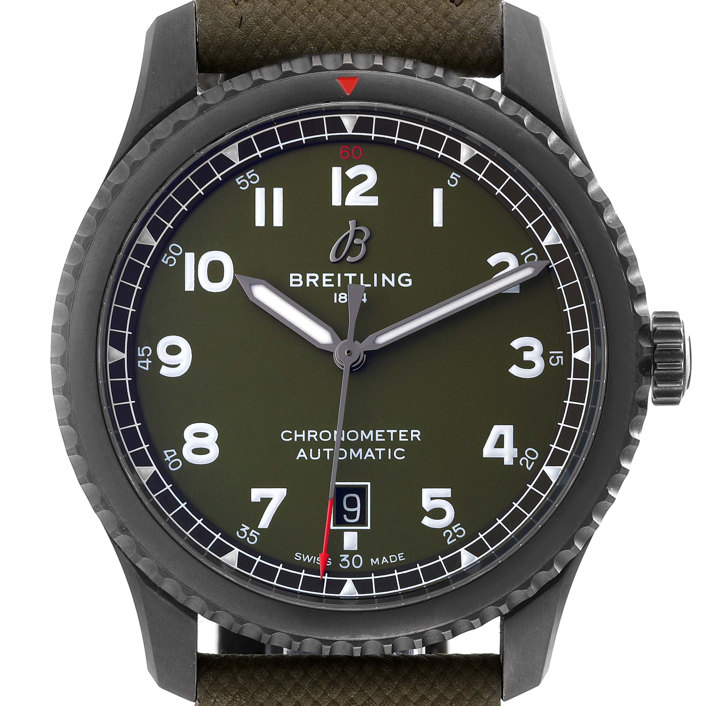 The image shows a front view of the Breitling Aviator A17315 Men
s Stainless Steel Green Dial A17315 Men
s Stainless Steel Green Dial watch face, showcasing its dial, hands, crown, and part of the strap.