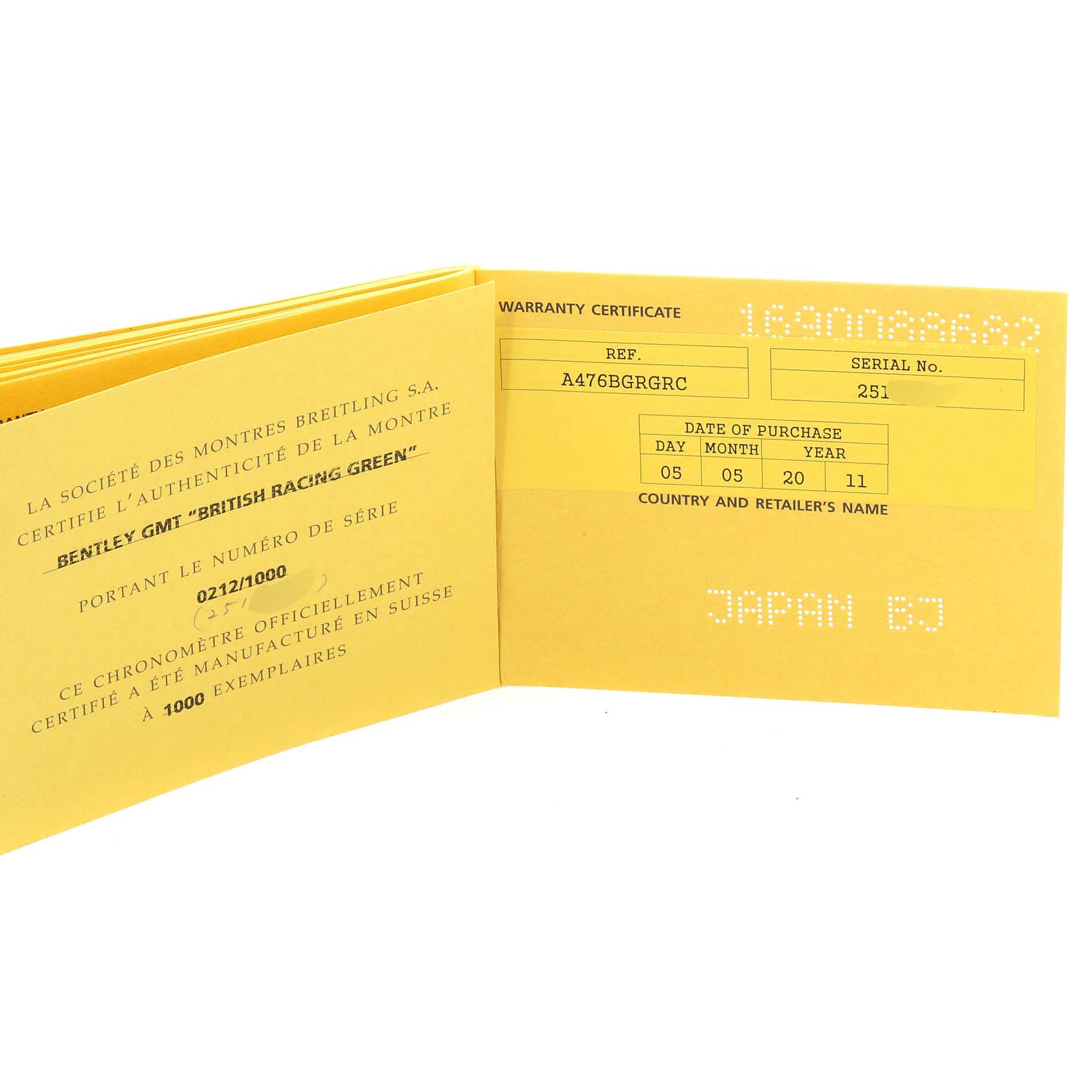 The image shows a warranty certificate for the Bentley GMT model by Breitling, detailing reference, serial number, and date of purchase.