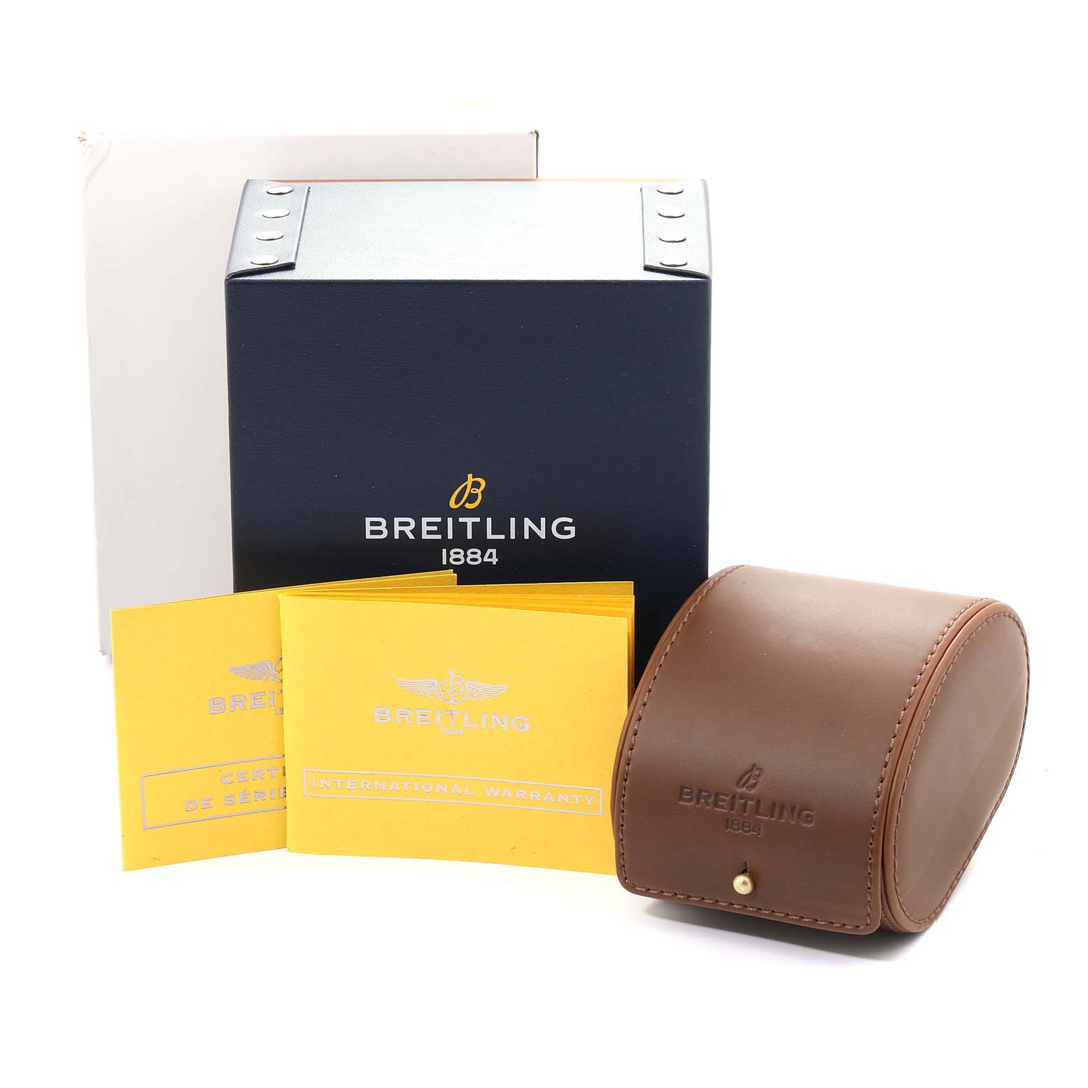 The image shows packaging, a leather case, and warranty booklets for the Breitling Bentley A47362S4/B919-214S Men's Stainless Steel Black Dial A47362S4/B919-214S Men's Stainless Steel Black Dial model watch.