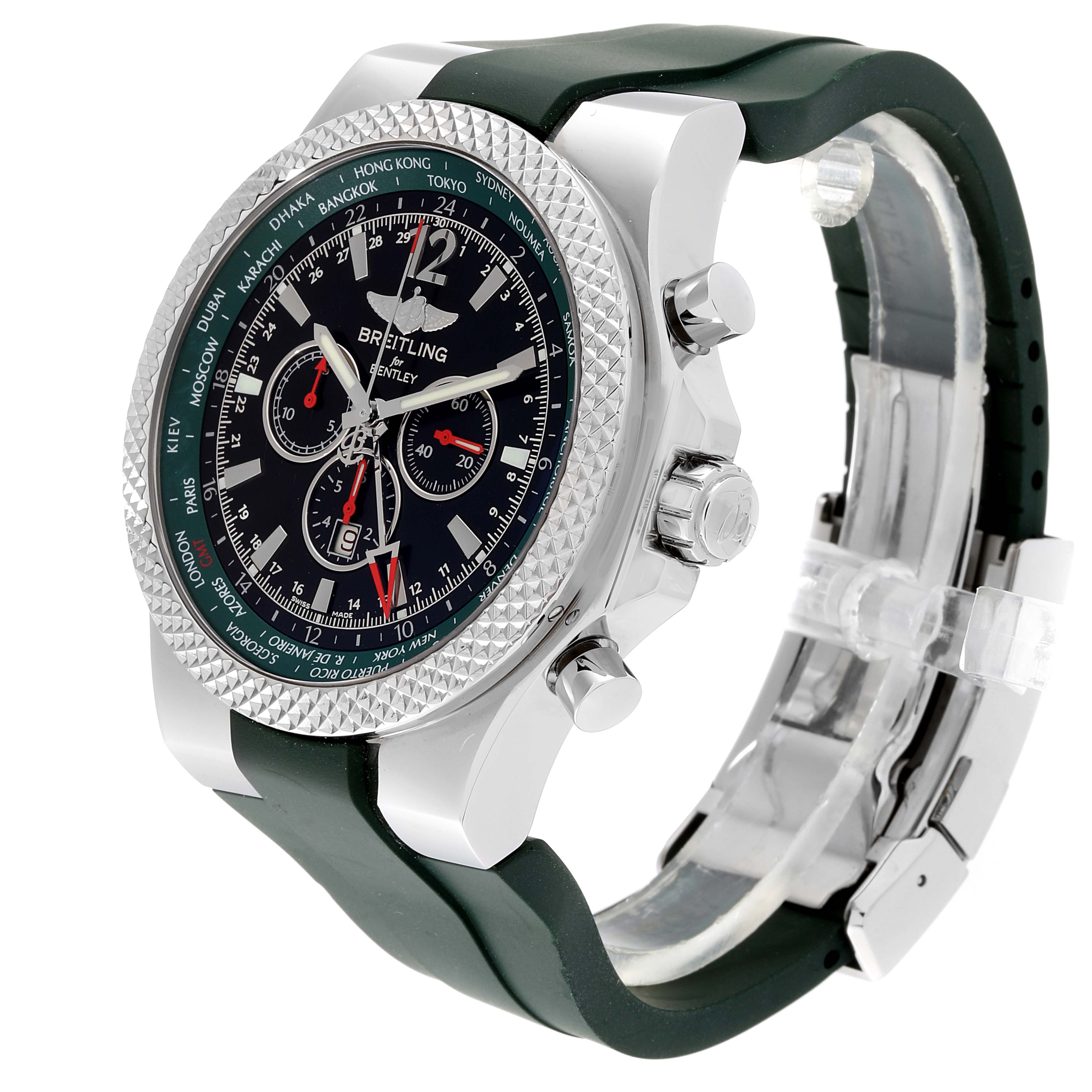 The image shows a side angle of a Bentley model by Breitling, highlighting the bezel, dial, pushers, and strap.