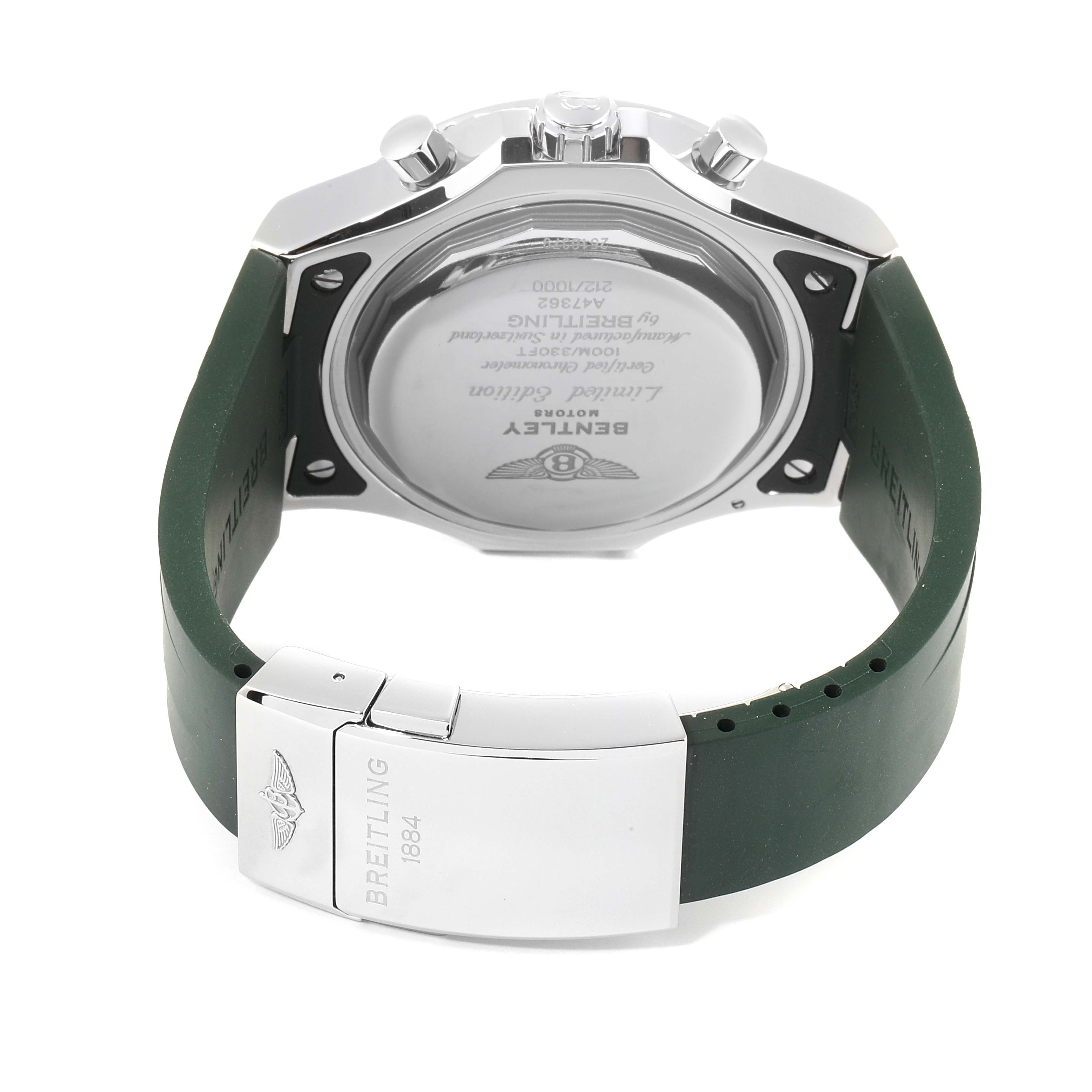 This image shows the back case and clasp of the Breitling Bentley A47362S4/B919-214S Men's Stainless Steel Black Dial A47362S4/B919-214S Men's Stainless Steel Black Dial watch from a rear angle.