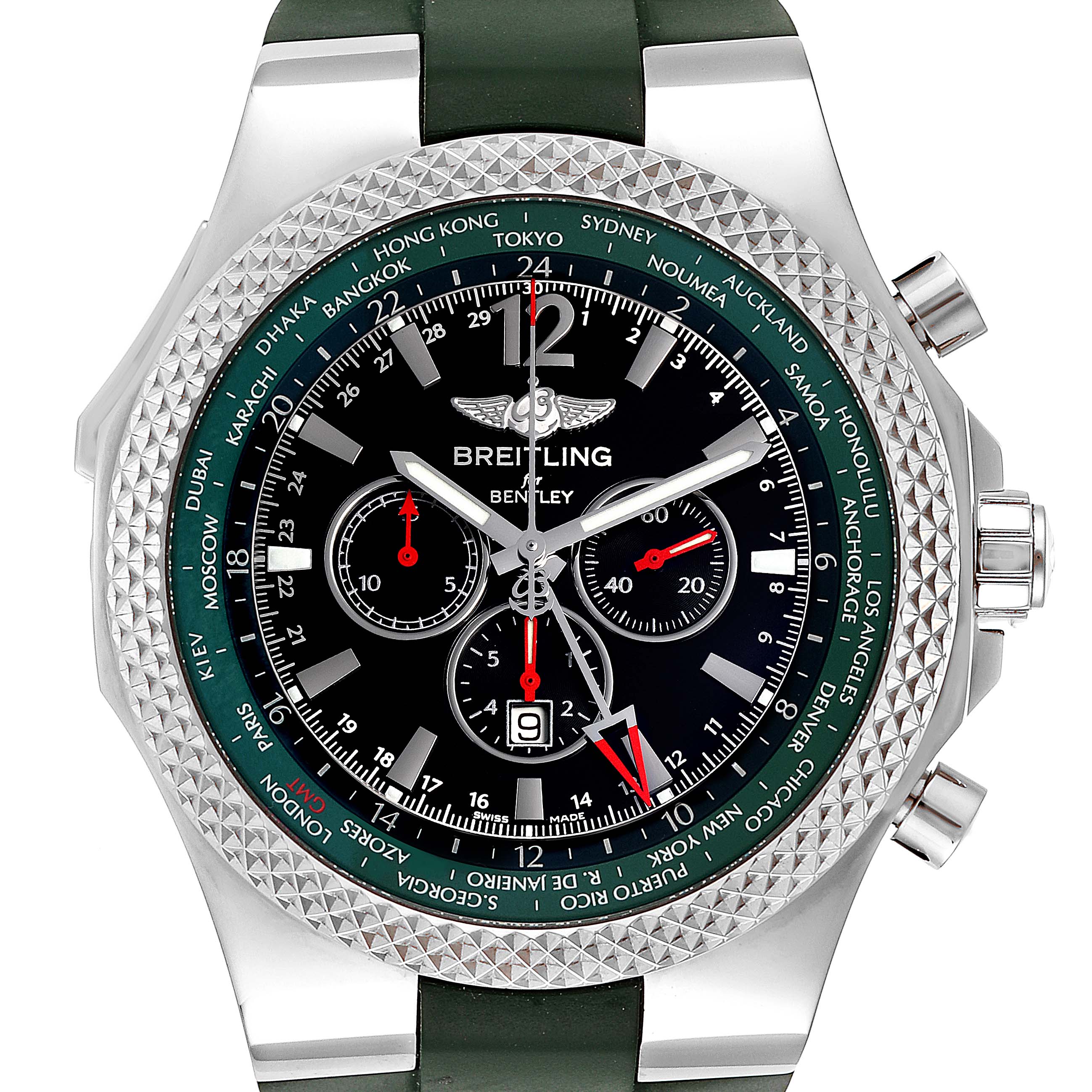 This Bentley model by Breitling is shown from the front, displaying the face, bezel, and pushers on the side.