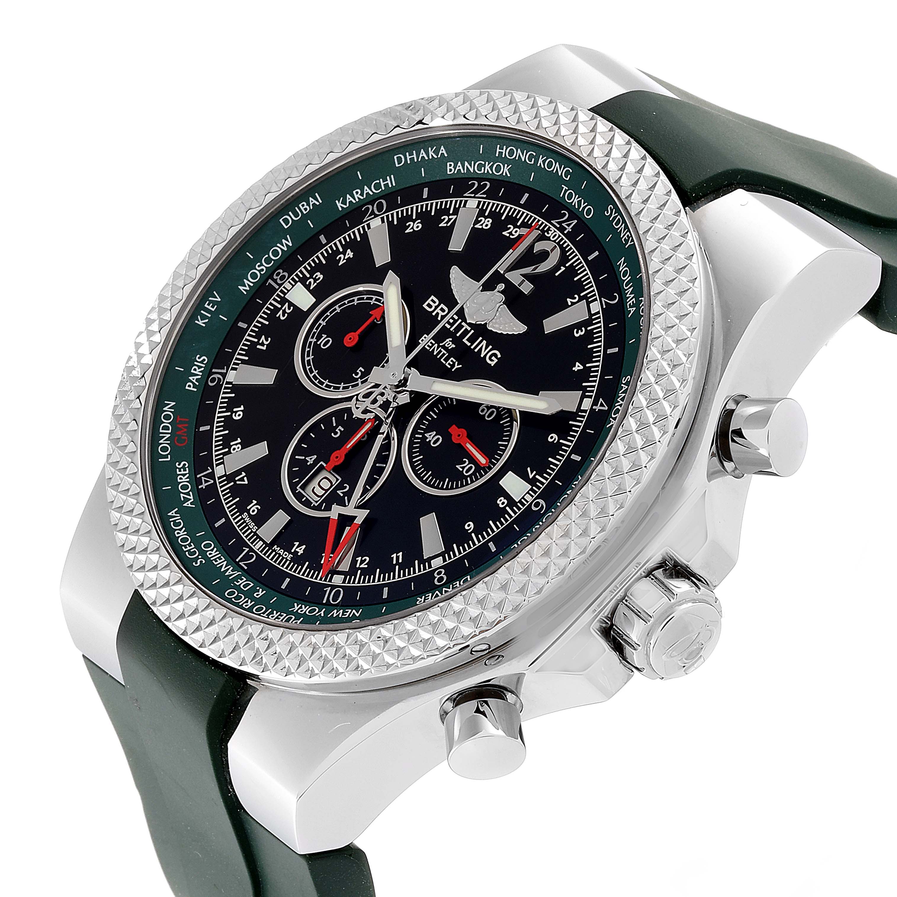 The image shows a Breitling Bentley A47362S4/B919-214S Men's Stainless Steel Black Dial A47362S4/B919-214S Men's Stainless Steel Black Dial watch from an angled side view, highlighting its bezel, face, and pushers.