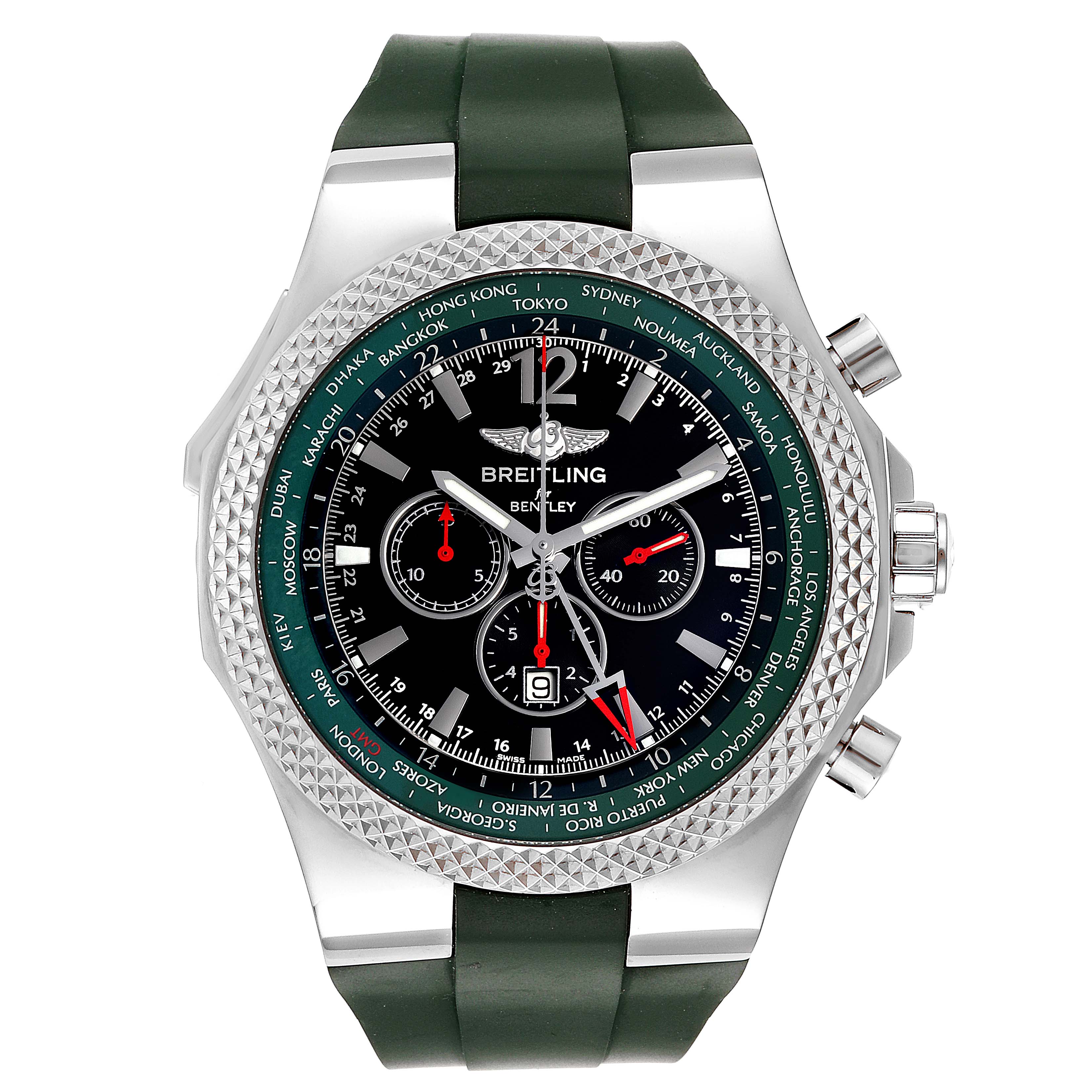 The image shows a front view of a Breitling Bentley A47362S4/B919-214S Men's Stainless Steel Black Dial A47362S4/B919-214S Men's Stainless Steel Black Dial watch, featuring the dial, bezel, crown, and strap.