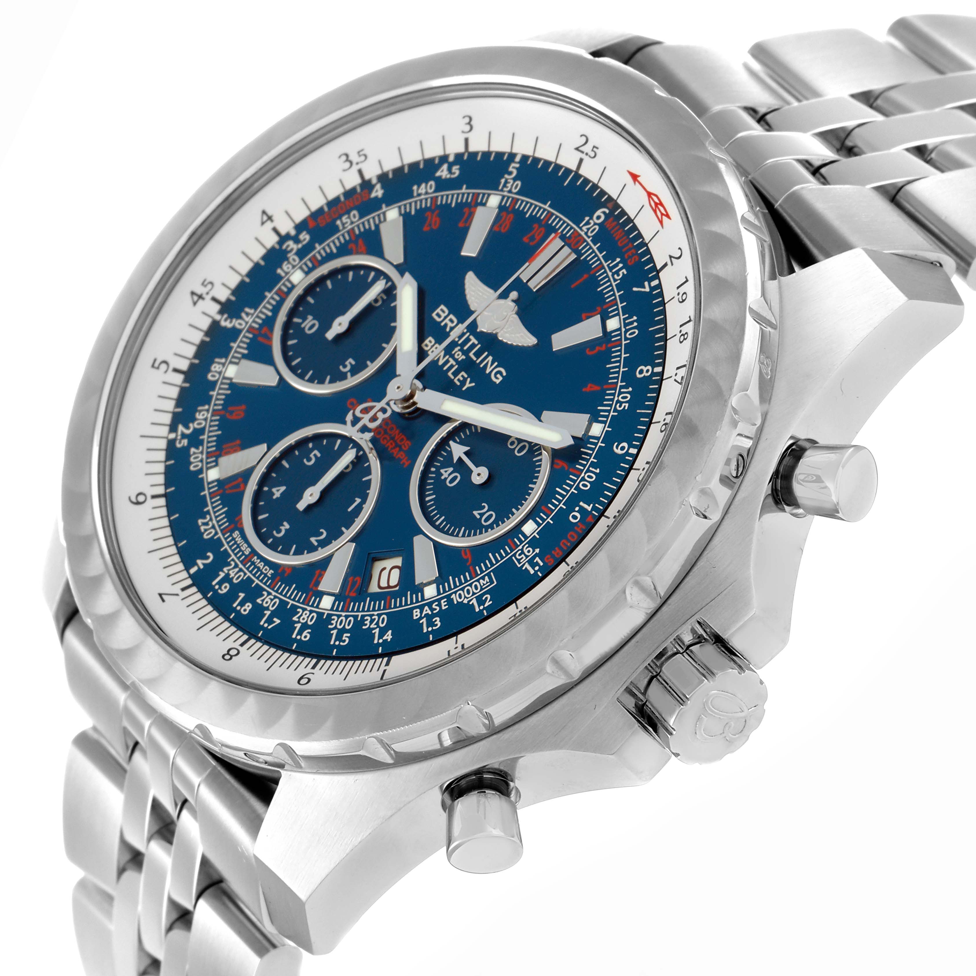 The Breitling Bentley A25365 Men
s Stainless Steel Blue Dial watch is shown at an angled view, highlighting the bezel, dial, chronograph subdials, and stainless steel bracelet.