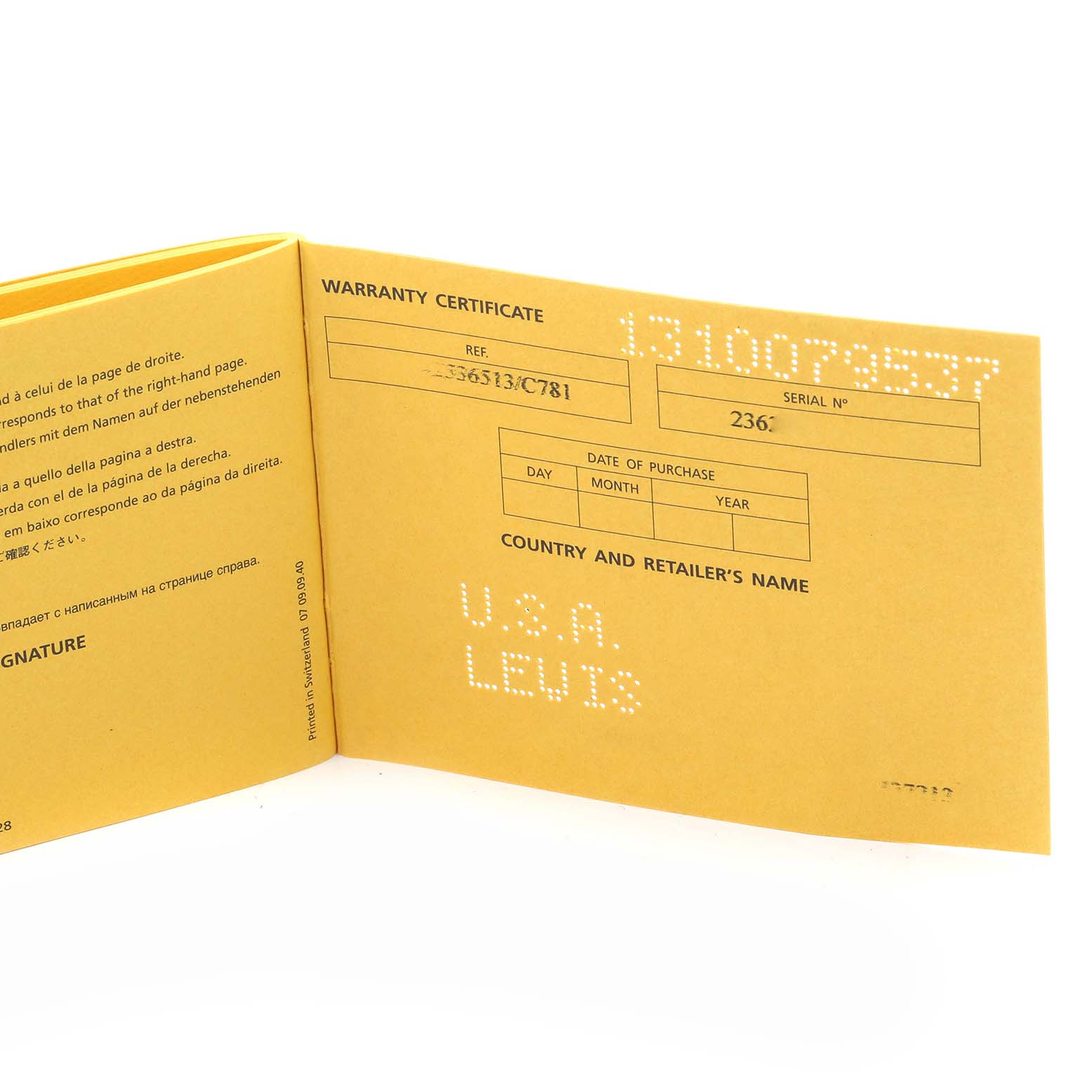 The image shows a warranty certificate for the Breitling Bentley A25365 Men
s Stainless Steel Blue Dial, viewed from a top angle.