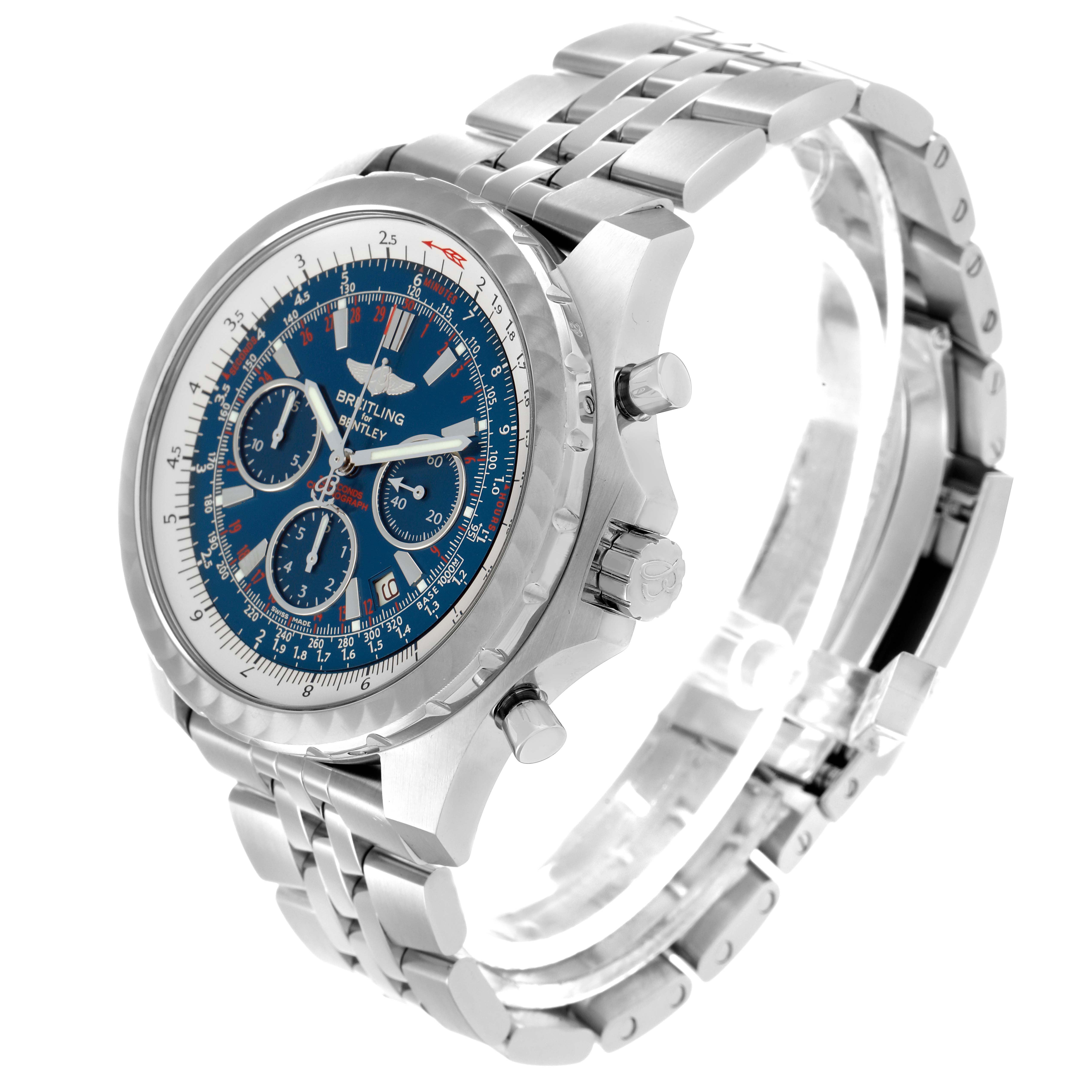 The Breitling Bentley A25365 Men
s Stainless Steel Blue Dial watch is shown at a three-quarter angle, highlighting the dial, bezel, crown, pushers, and metal bracelet.