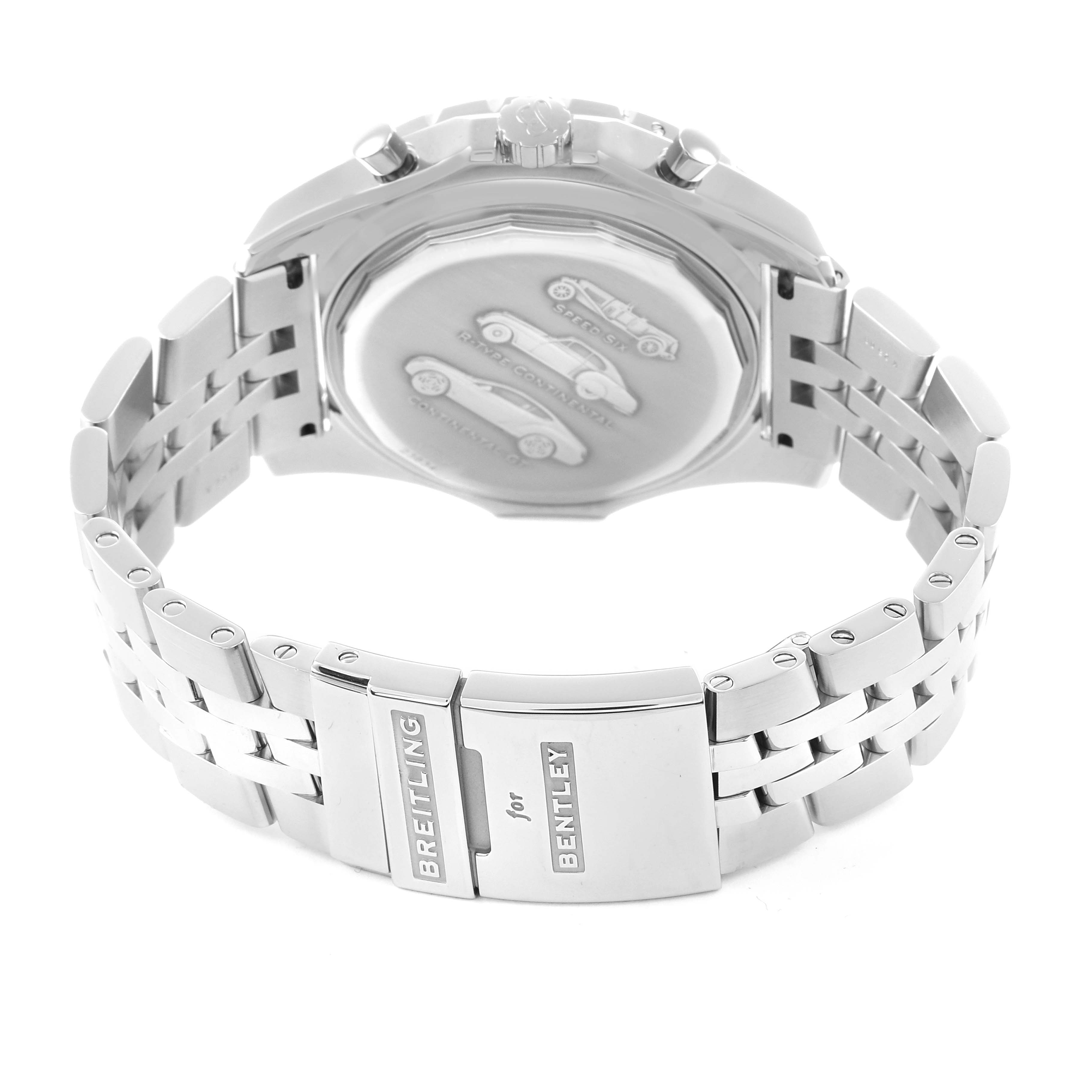 The Bentley model by Breitling is shown from the back, highlighting the bracelet and engraved case back.
