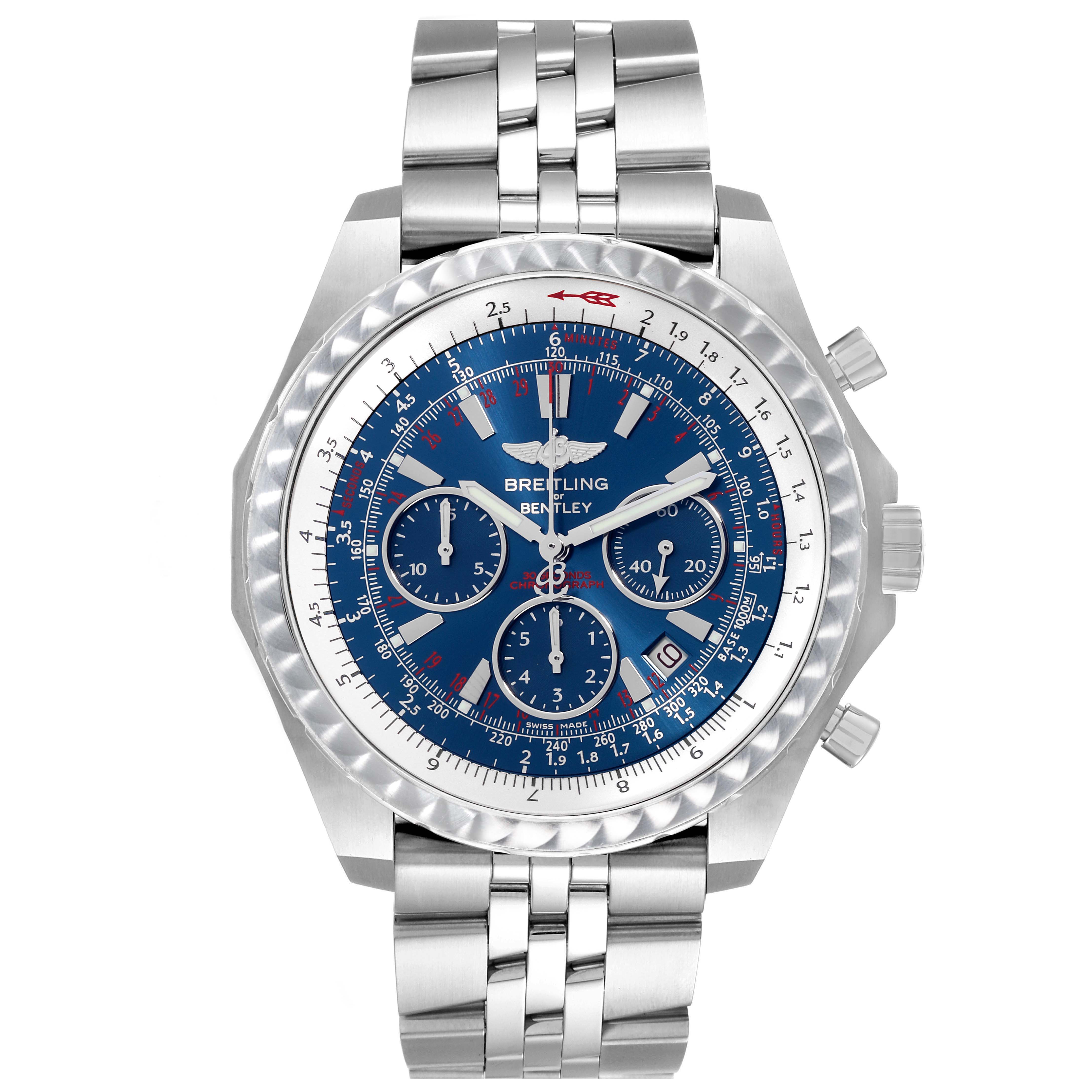 The Breitling Bentley A25365 Men
s Stainless Steel Blue Dial watch is shown from the front, highlighting the dial, bezel, bracelet, and pushers.
