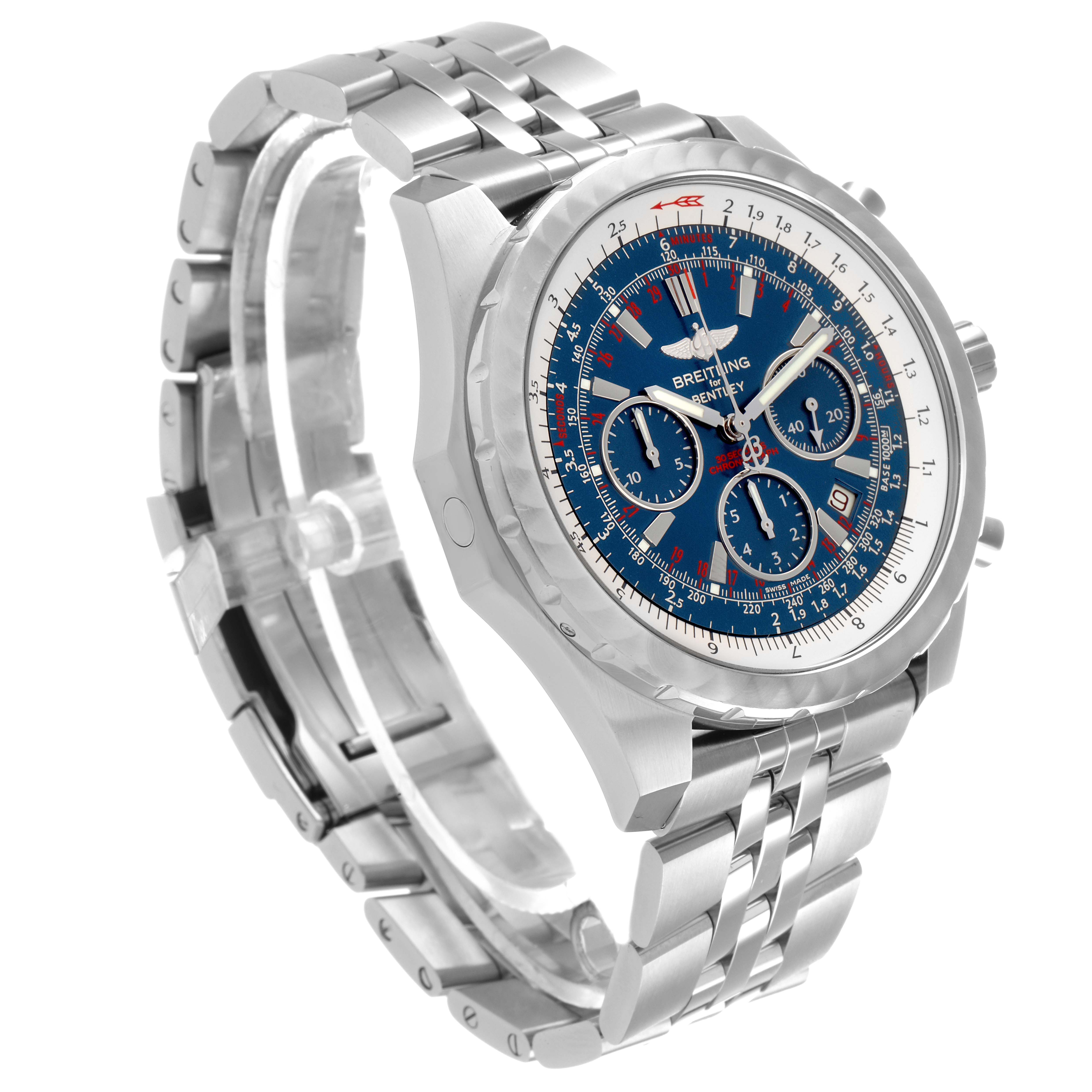 The Breitling Bentley A25365 Men
s Stainless Steel Blue Dial watch is shown at a three-quarter angle, highlighting the face, bezel, and bracelet.