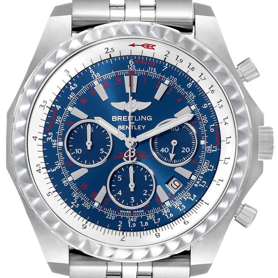 The Breitling Bentley A25365 Men's Stainless Steel Blue Dial watch is shown from the front, displaying its blue dial, chronograph subdials, and silver bracelet.