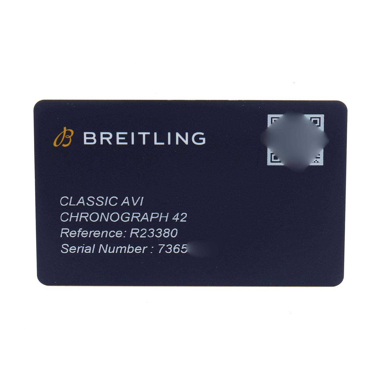 The image shows a horizontal view of a Breitling AVI Classic Chronograph 42 card with details like reference and serial number.