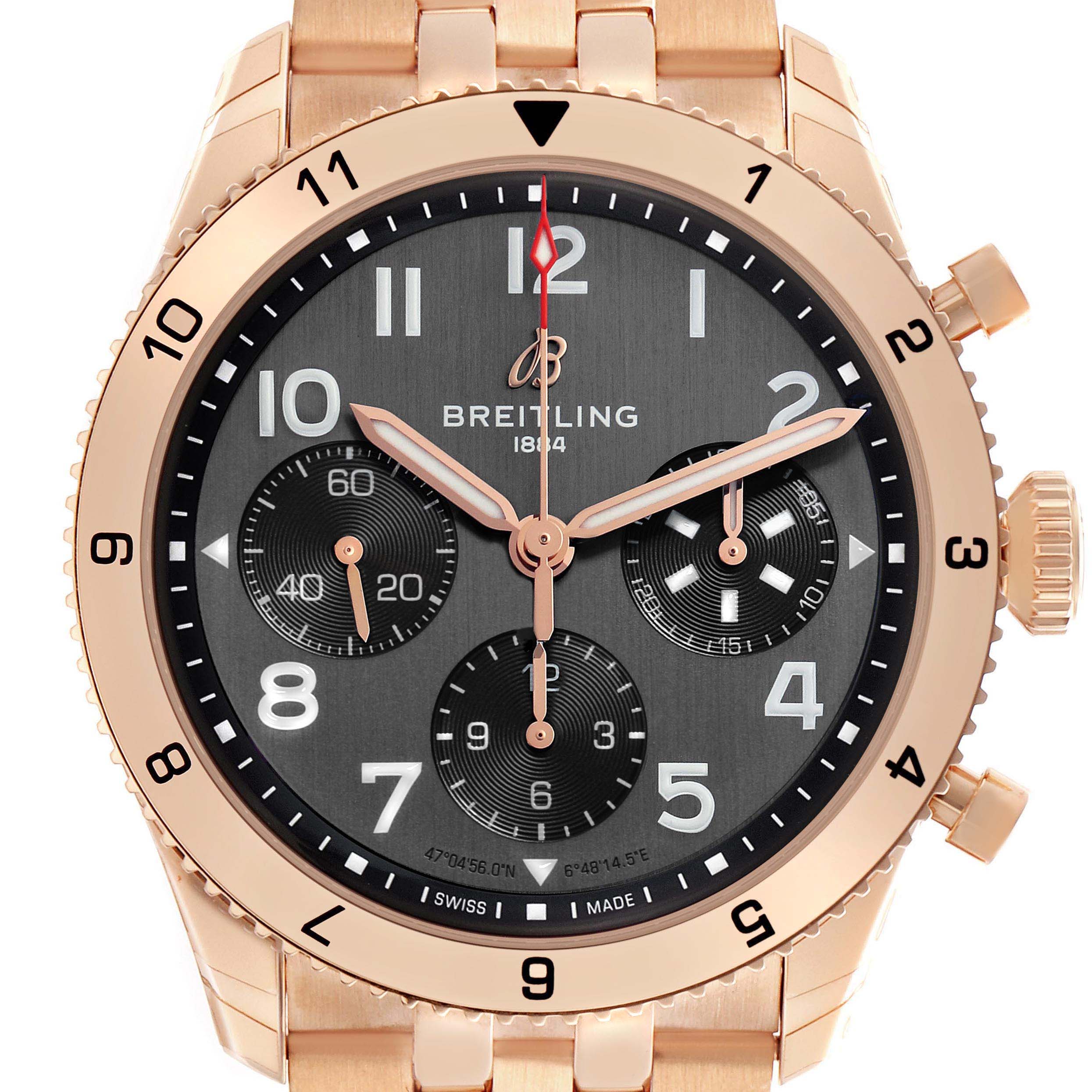 The Breitling Aviator R23380 Men
s Rose Gold Grey Dial watch is shown from the front, displaying the face, bezel, crown, and part of the bracelet.