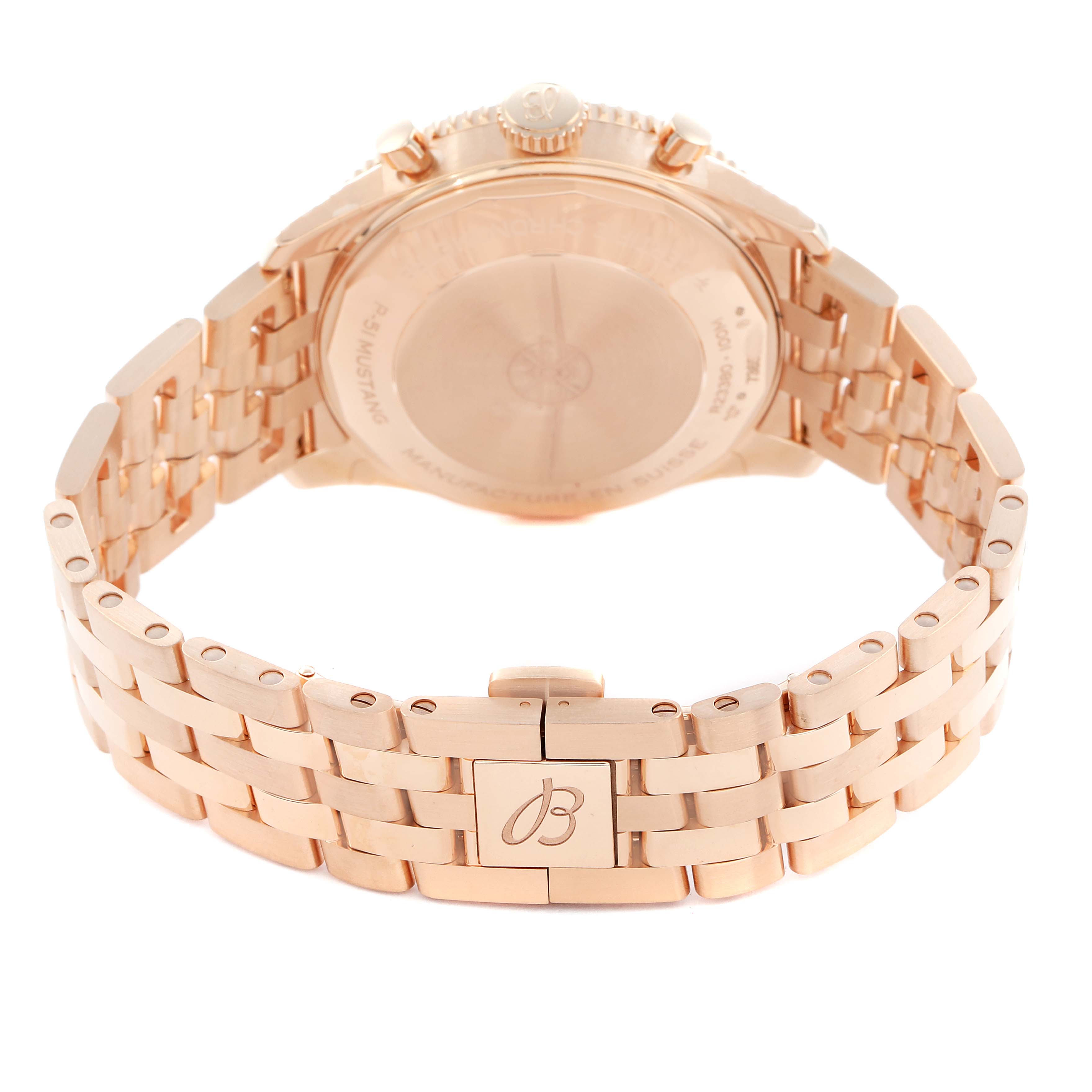 The image shows the back and bracelet of the Breitling Aviator R23380 Men
s Rose Gold Grey Dial watch at an angled view, highlighting the clasp and case back.