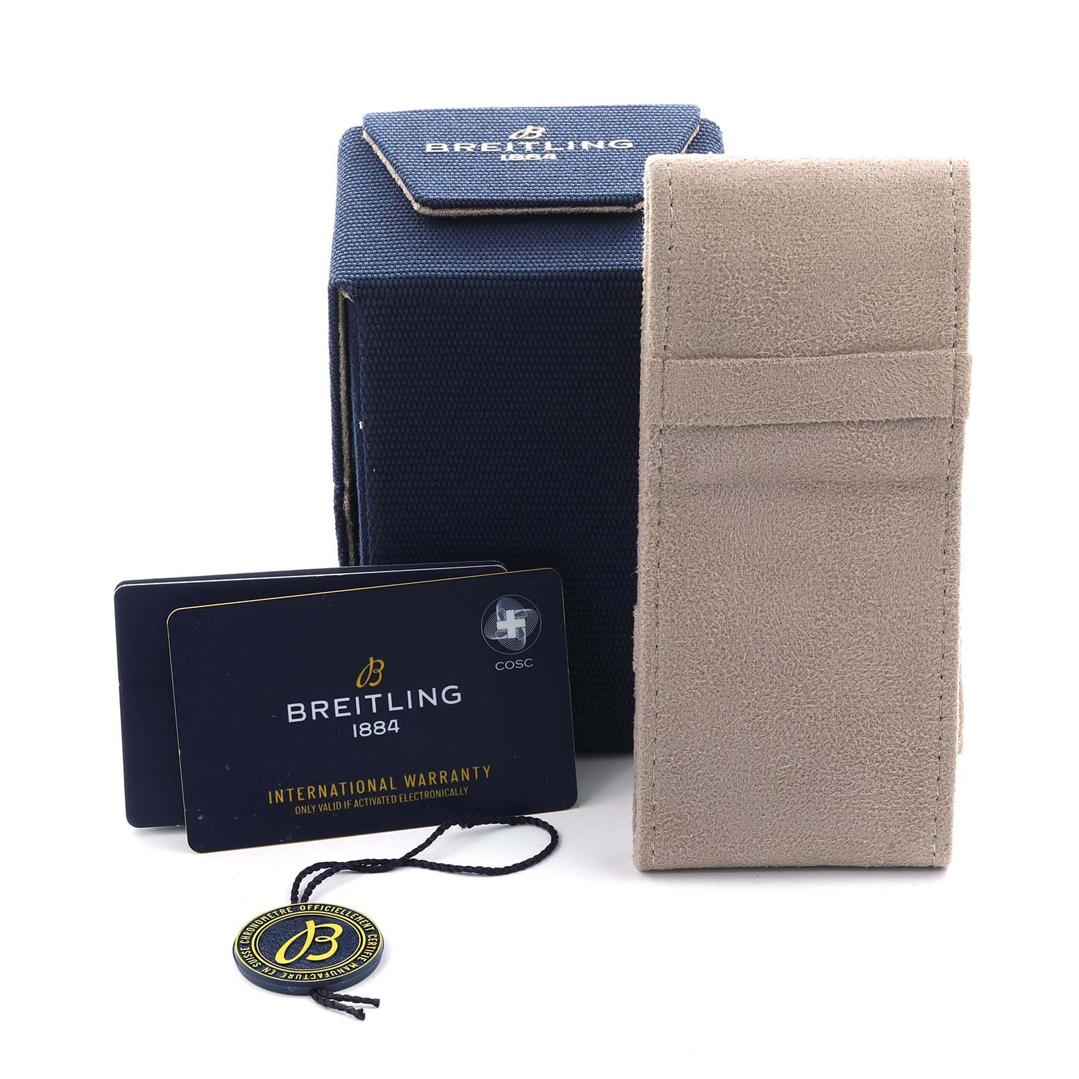 The image shows a Breitling Aviator R23380 Men
s Rose Gold Grey Dial watch set, including a box, warranty card, tag, and suede pouch.