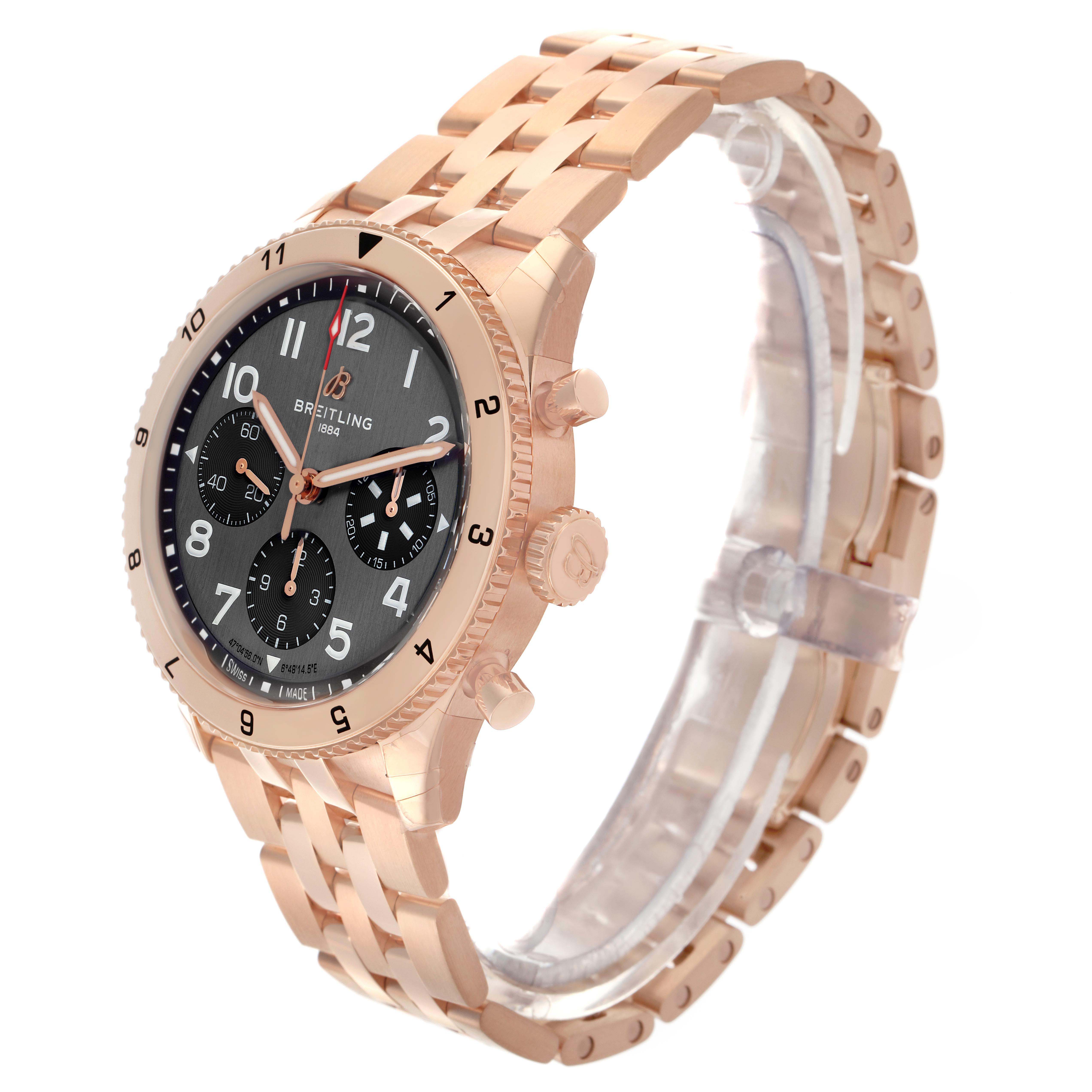 The Breitling Aviator R23380 Men
s Rose Gold Grey Dial watch is shown at a three-quarter angle, displaying the face, bezel, crown, and part of the bracelet.