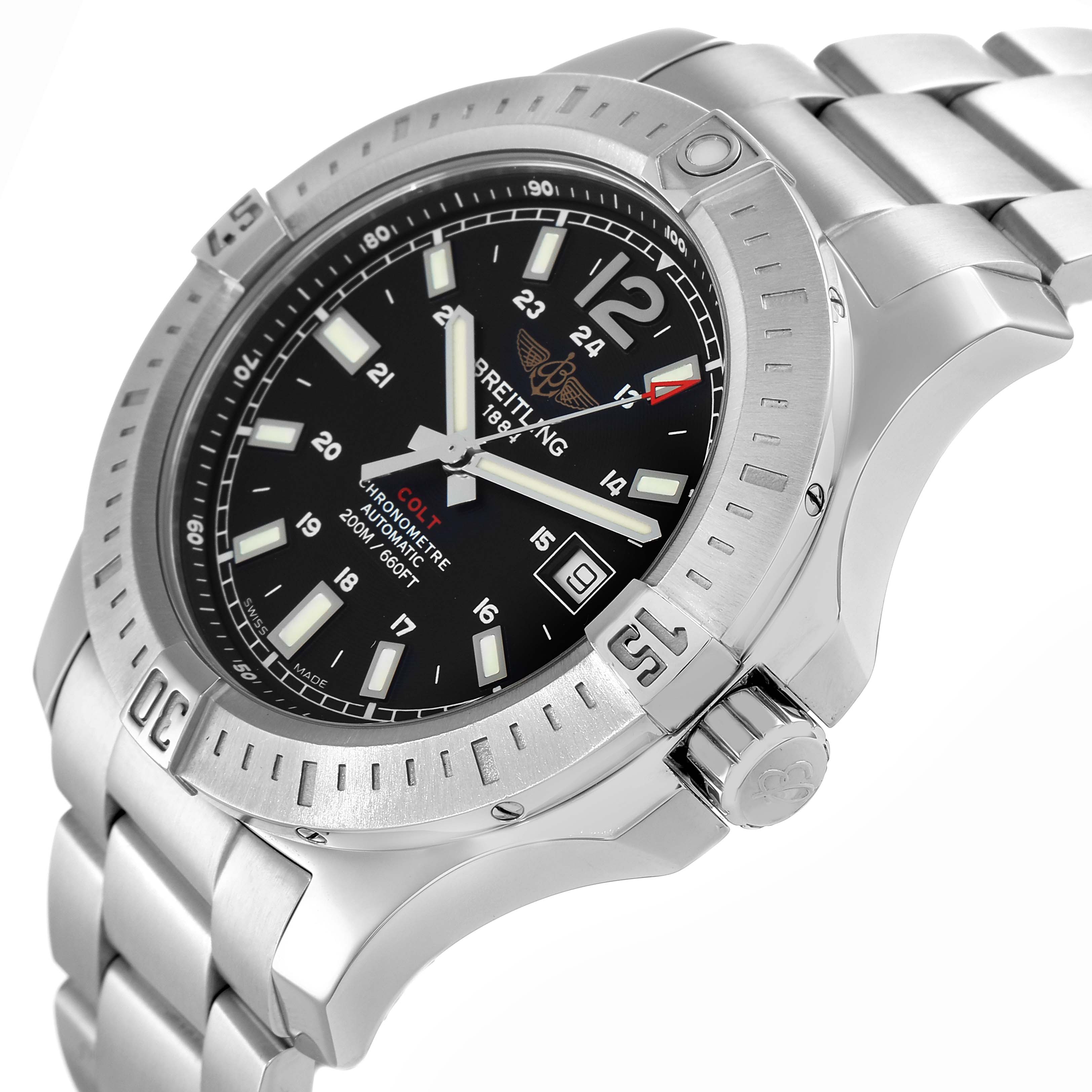 The Breitling Colt A17388 Men
s Stainless Steel Black Dial watch is shown at an angled view, highlighting the bezel, dial, crown, and stainless steel bracelet.