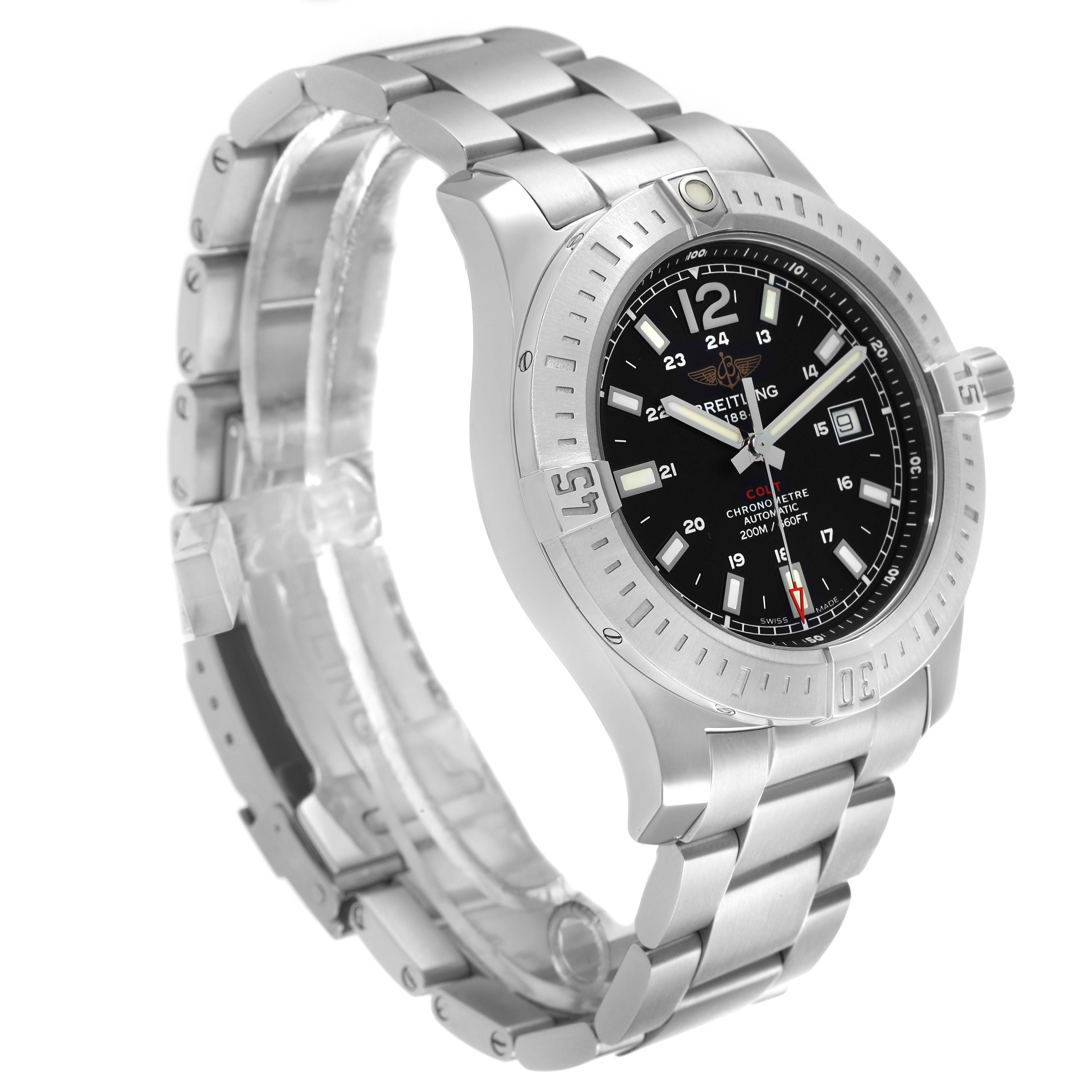 The Breitling Colt A17388 Men
s Stainless Steel Black Dial watch is shown at a three-quarter angle, displaying its face, bezel, and stainless steel bracelet.