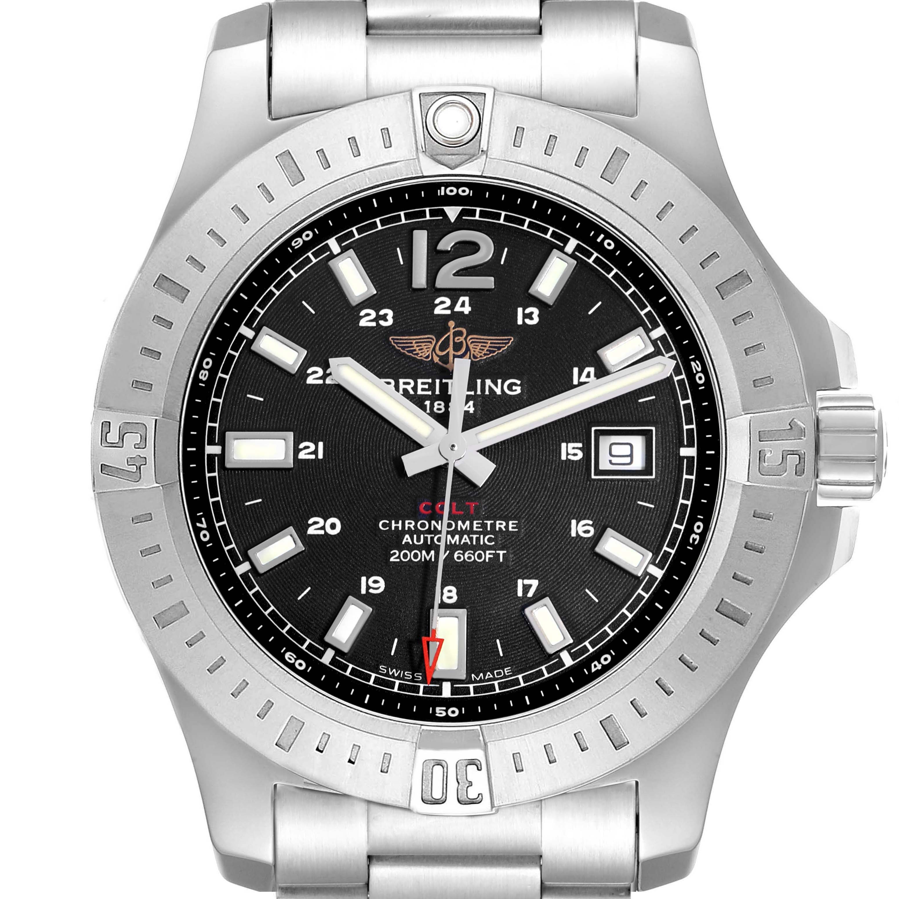The Breitling Colt A17388 Men
s Stainless Steel Black Dial watch is shown from a front view, highlighting the dial, bezel, and bracelet.
