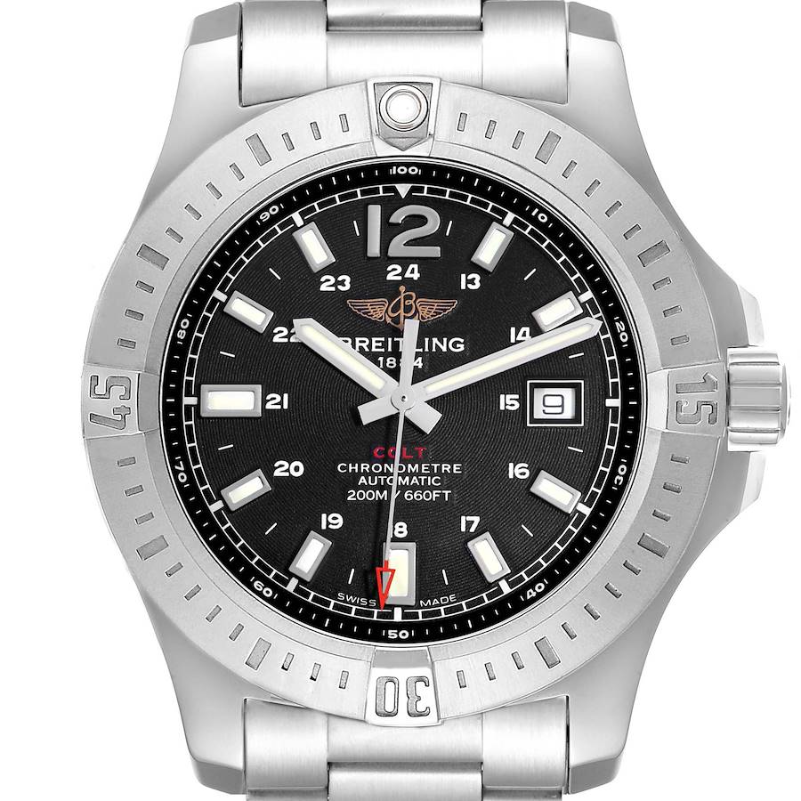 The Breitling Colt A17388 Men's Stainless Steel Black Dial watch is shown from a front view, highlighting the dial, bezel, and bracelet.