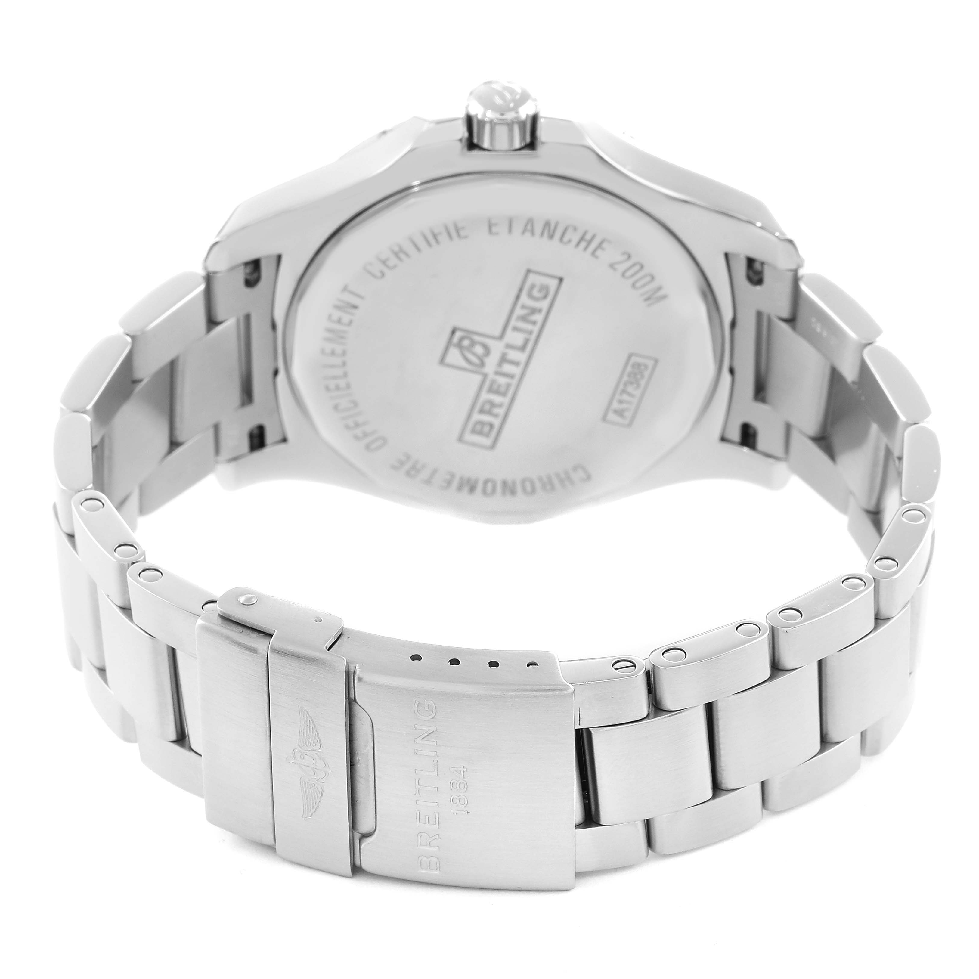 The image shows the back view of the Breitling Colt A17388 Men
s Stainless Steel Black Dial watch, highlighting its case back and metal bracelet clasp.