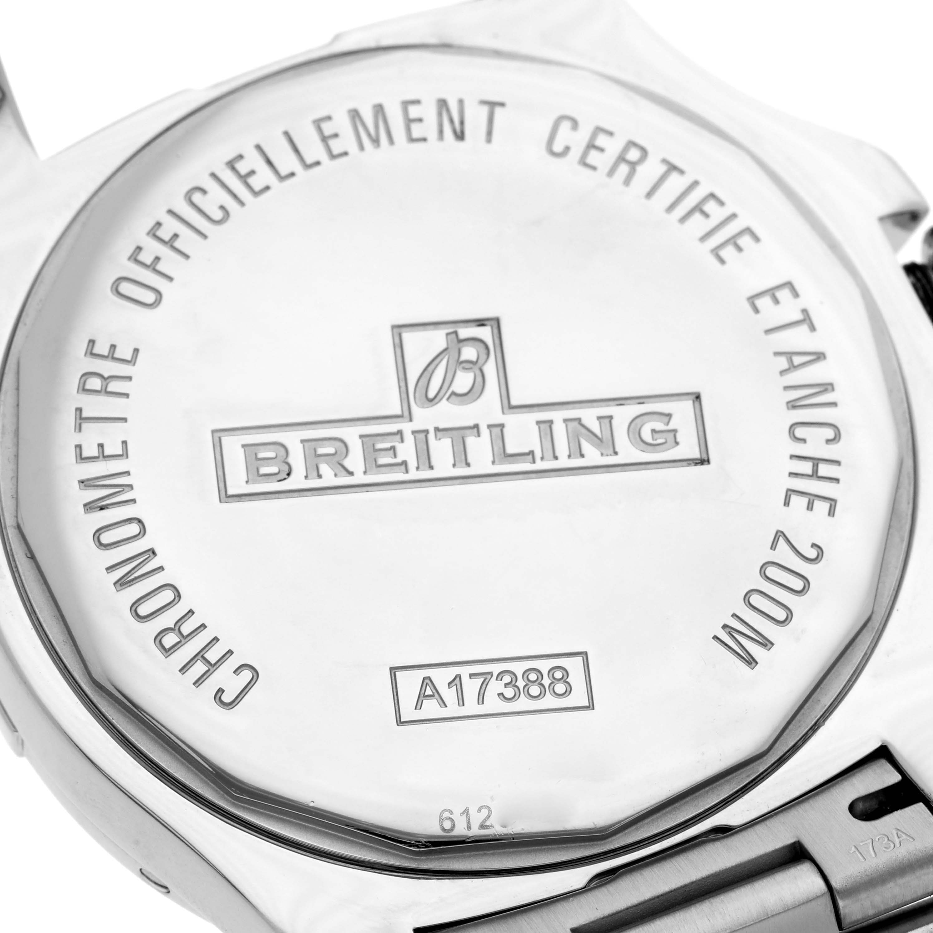 The image shows the back case of a Breitling Colt A17388 Men
s Stainless Steel Black Dial watch, displaying its model number and branding.