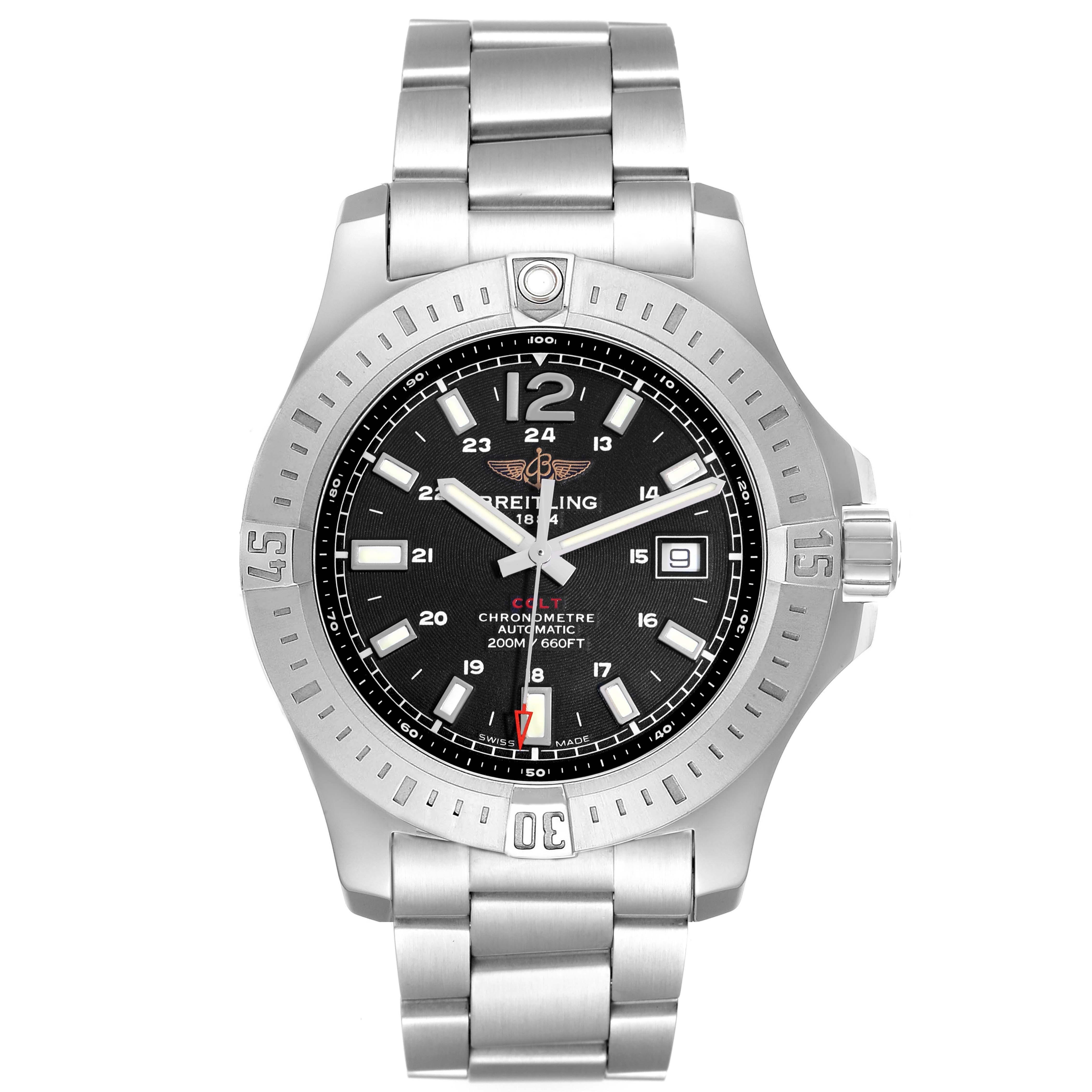 The Breitling Colt A17388 Men
s Stainless Steel Black Dial watch is shown from the front, displaying the dial, bezel, case, crown, and bracelet.