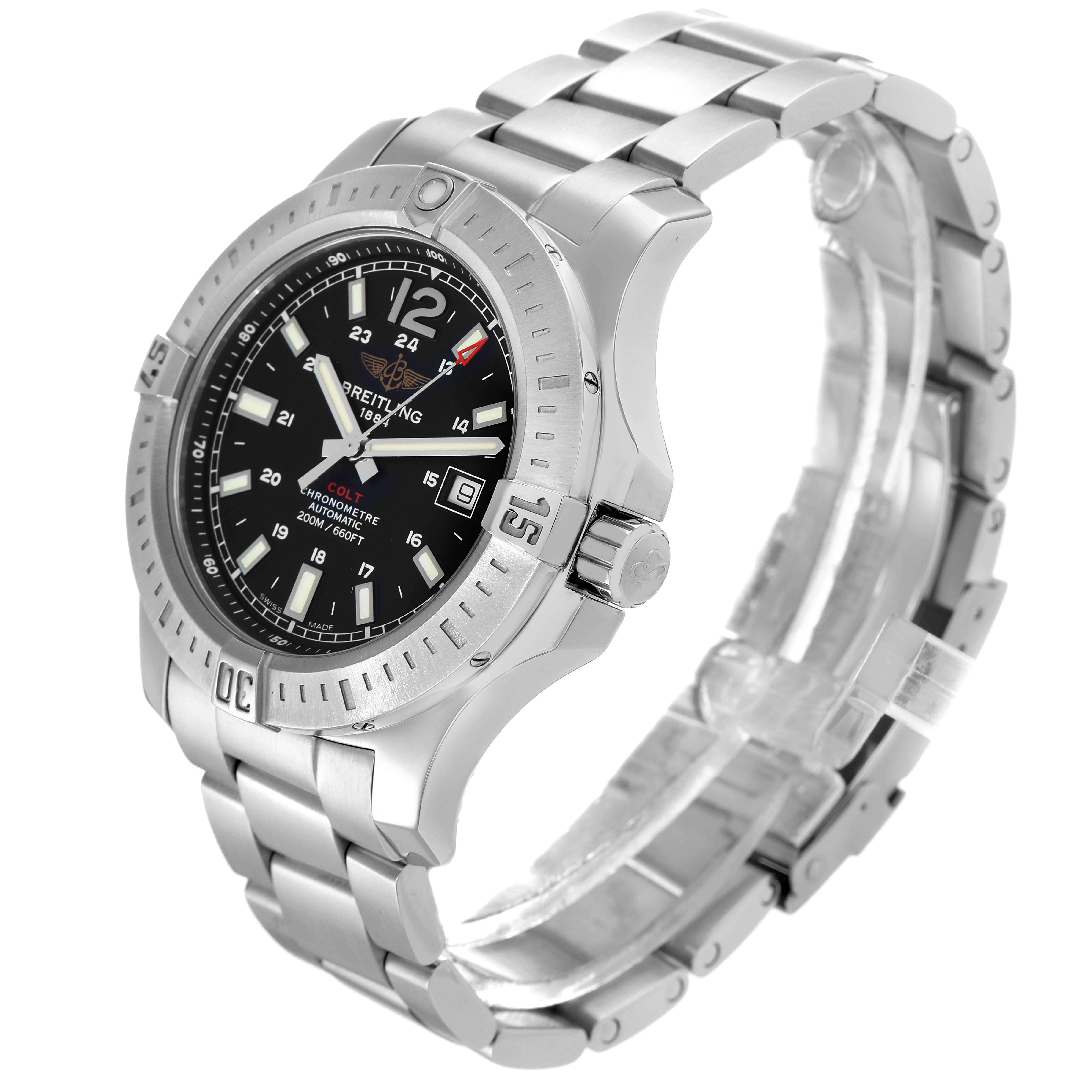 The Breitling Colt A17388 Men
s Stainless Steel Black Dial watch is shown at a three-quarter angle, displaying the dial, bezel, crown, and bracelet.