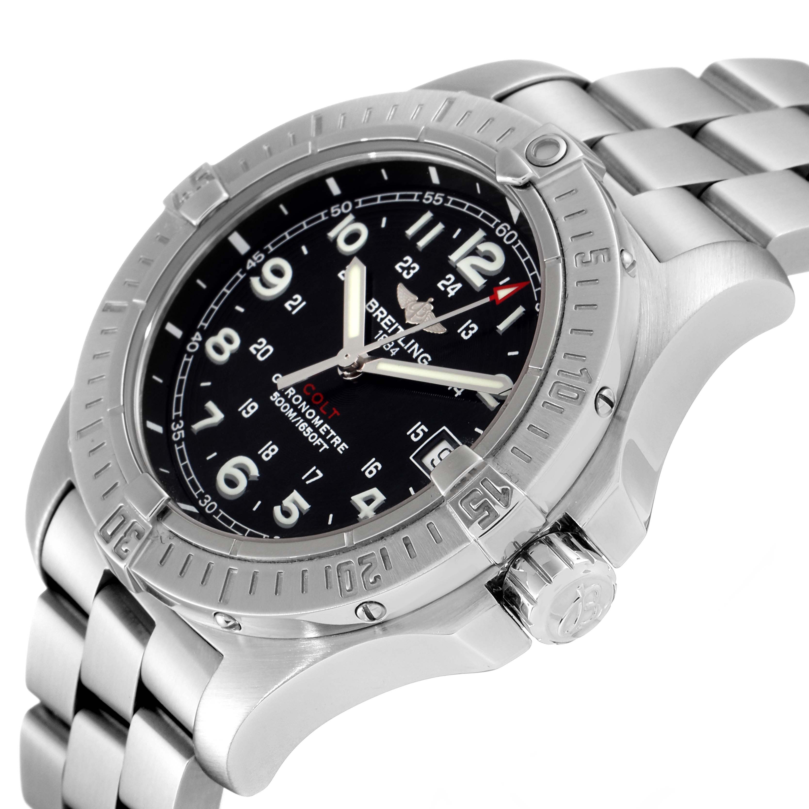 The image shows a close-up angled view of the Breitling Colt A74380 Men's Stainless Steel Black Dial A74380 Men's Stainless Steel Black Dial watch, highlighting the bezel, dial, and stainless steel bracelet.