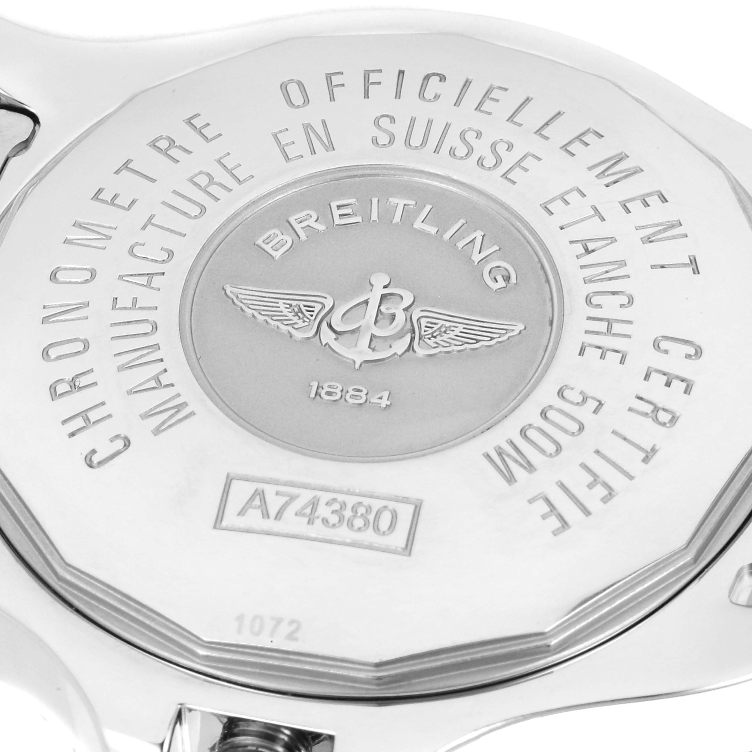 The image shows the back case of a Breitling Colt A74380 Men's Stainless Steel Black Dial A74380 Men's Stainless Steel Black Dial watch, highlighting the model number and brand engraving.