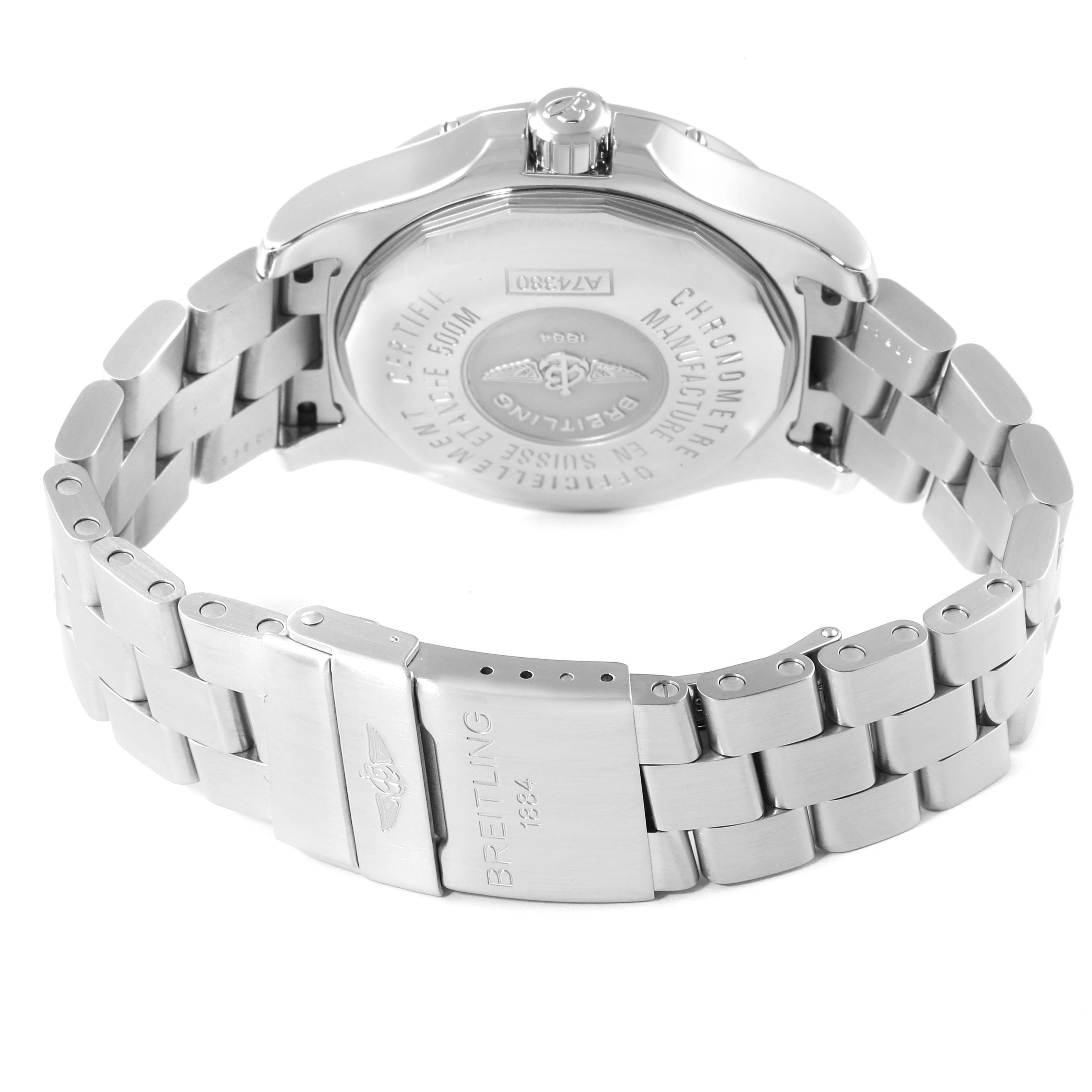 This image shows the back case and metal bracelet of a Breitling Colt A74380 Men's Stainless Steel Black Dial A74380 Men's Stainless Steel Black Dial watch from a rear angle.